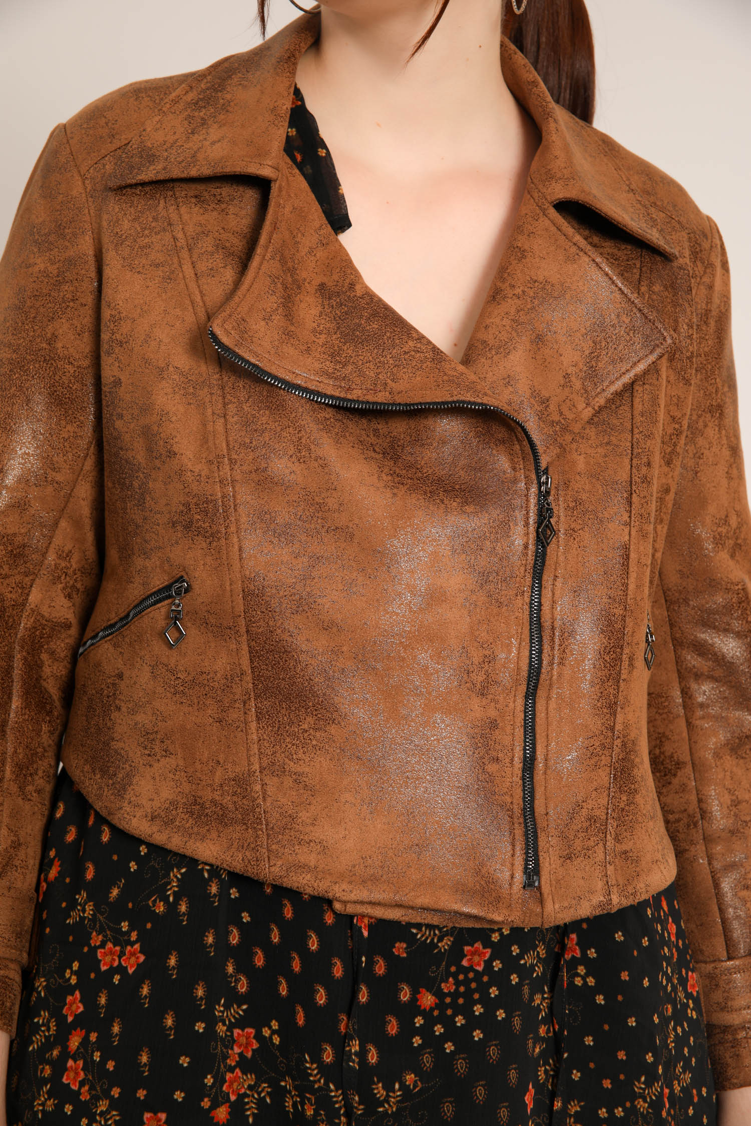 Cropped biker jacket in aged vegan leather