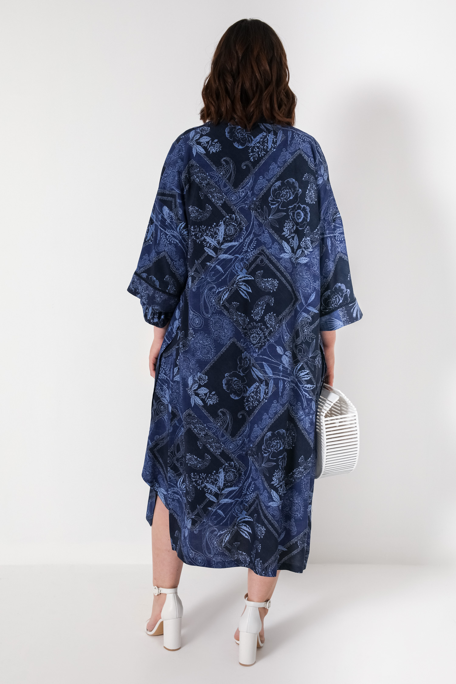 Long printed fibranne kimono with braid