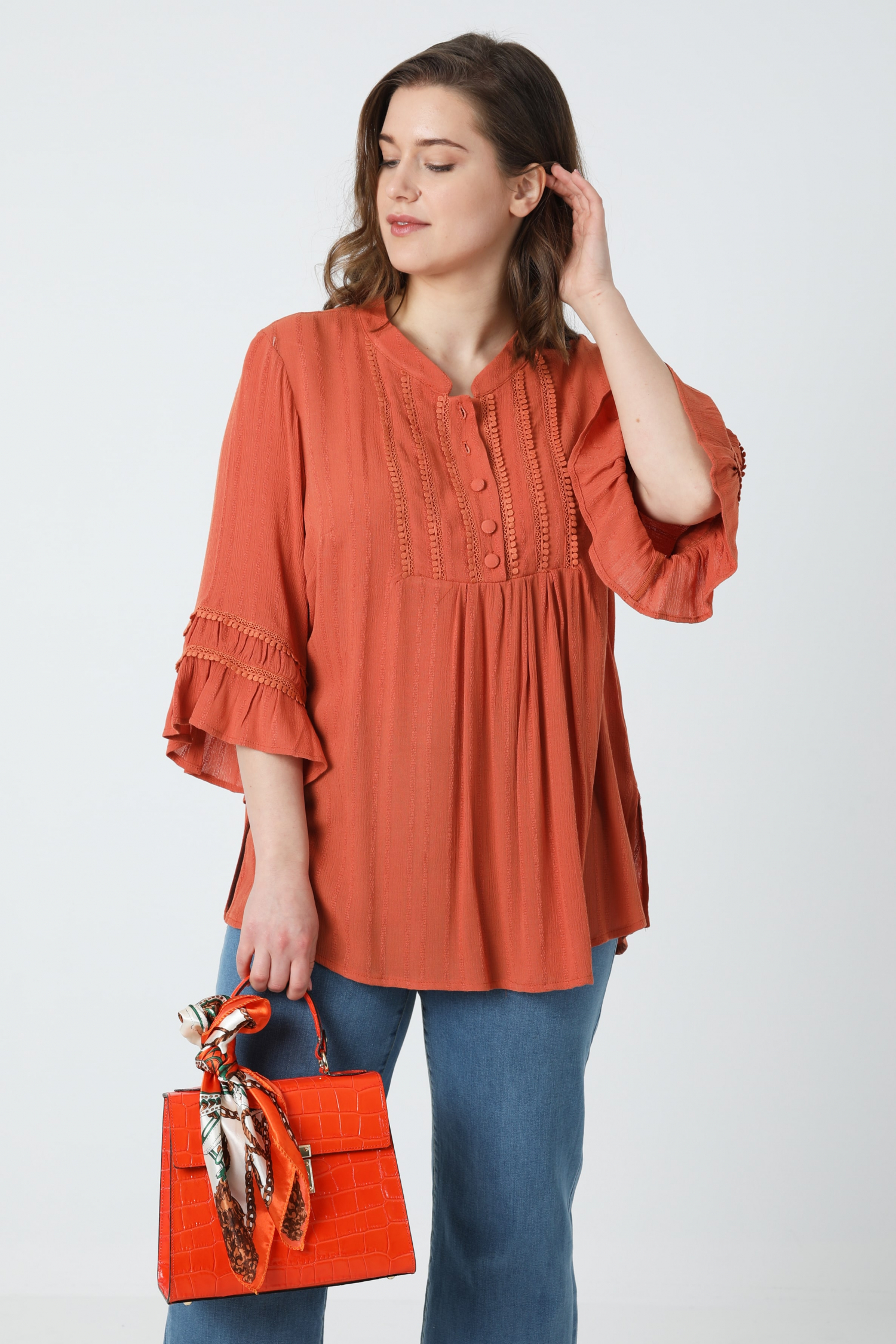 Striped-effect crepon blouse with bib
