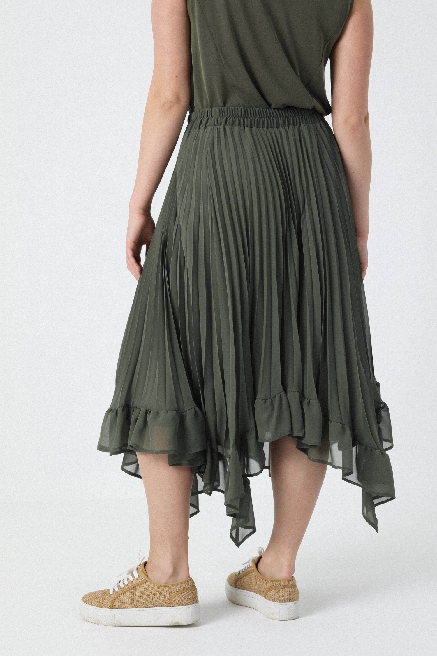 Pleated voile skirt with flounce