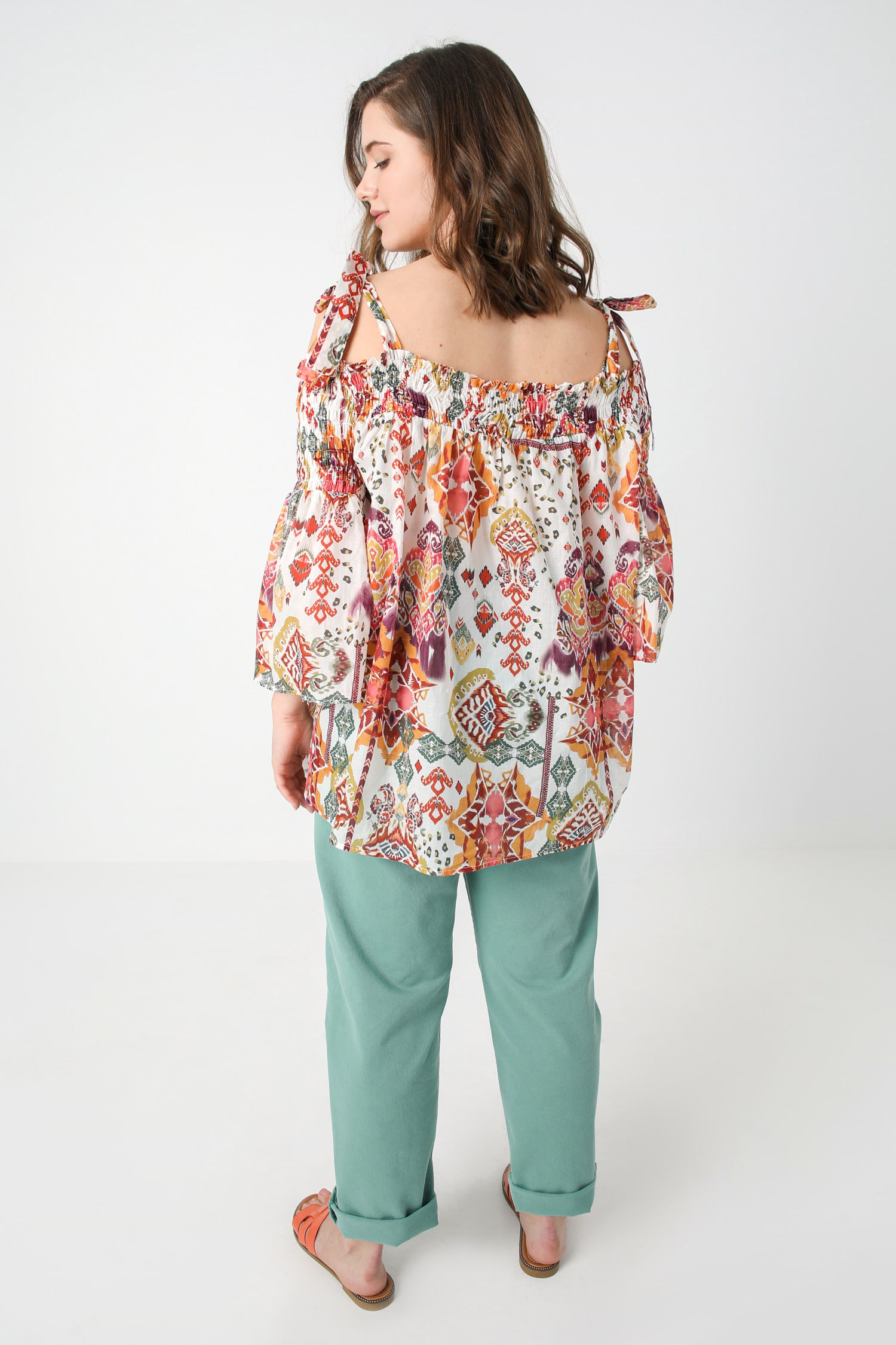 Printed cotton voile blouse with suspenders