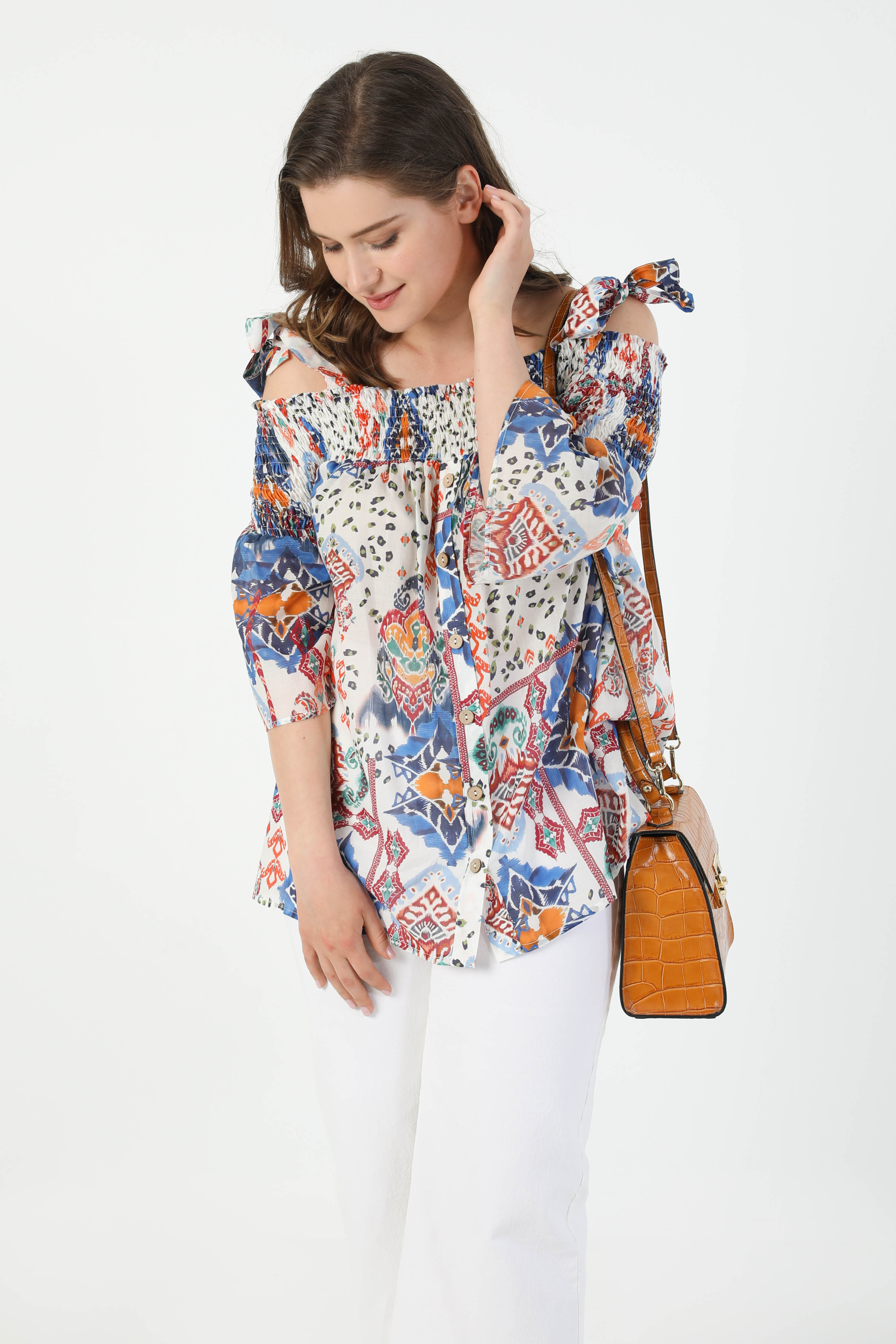 Printed cotton voile blouse with suspenders