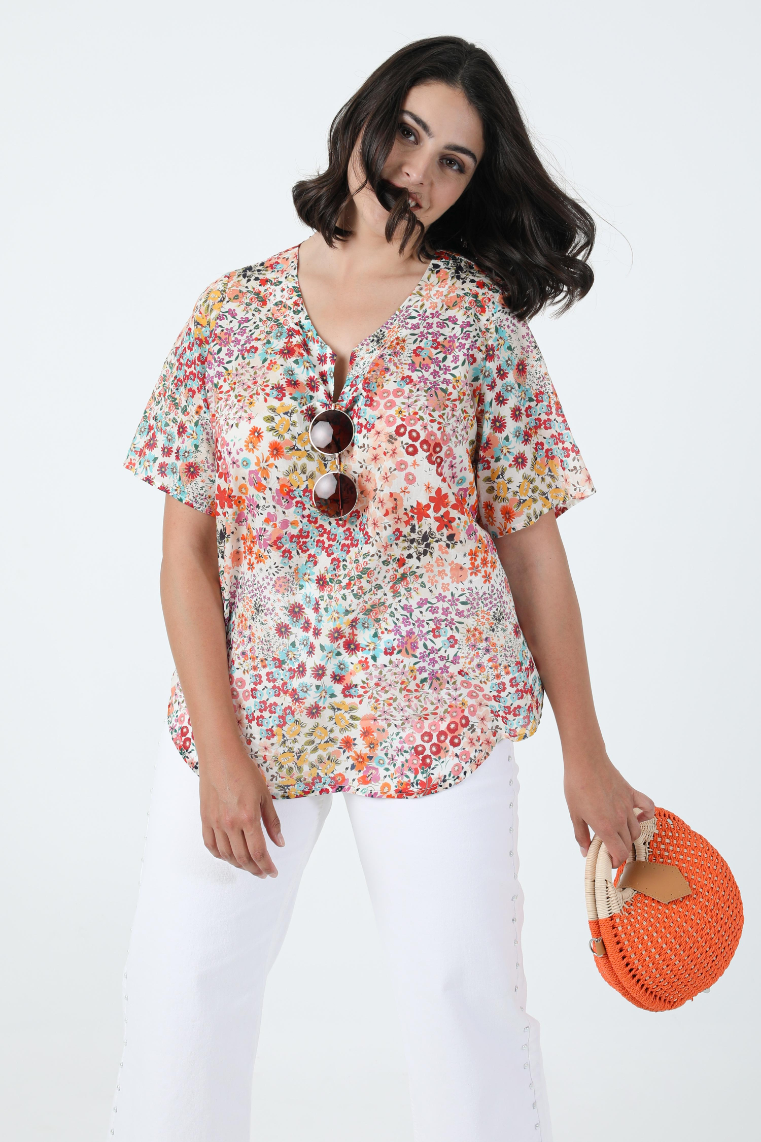 Cotton veil blouse printed with eoko-tex fabric