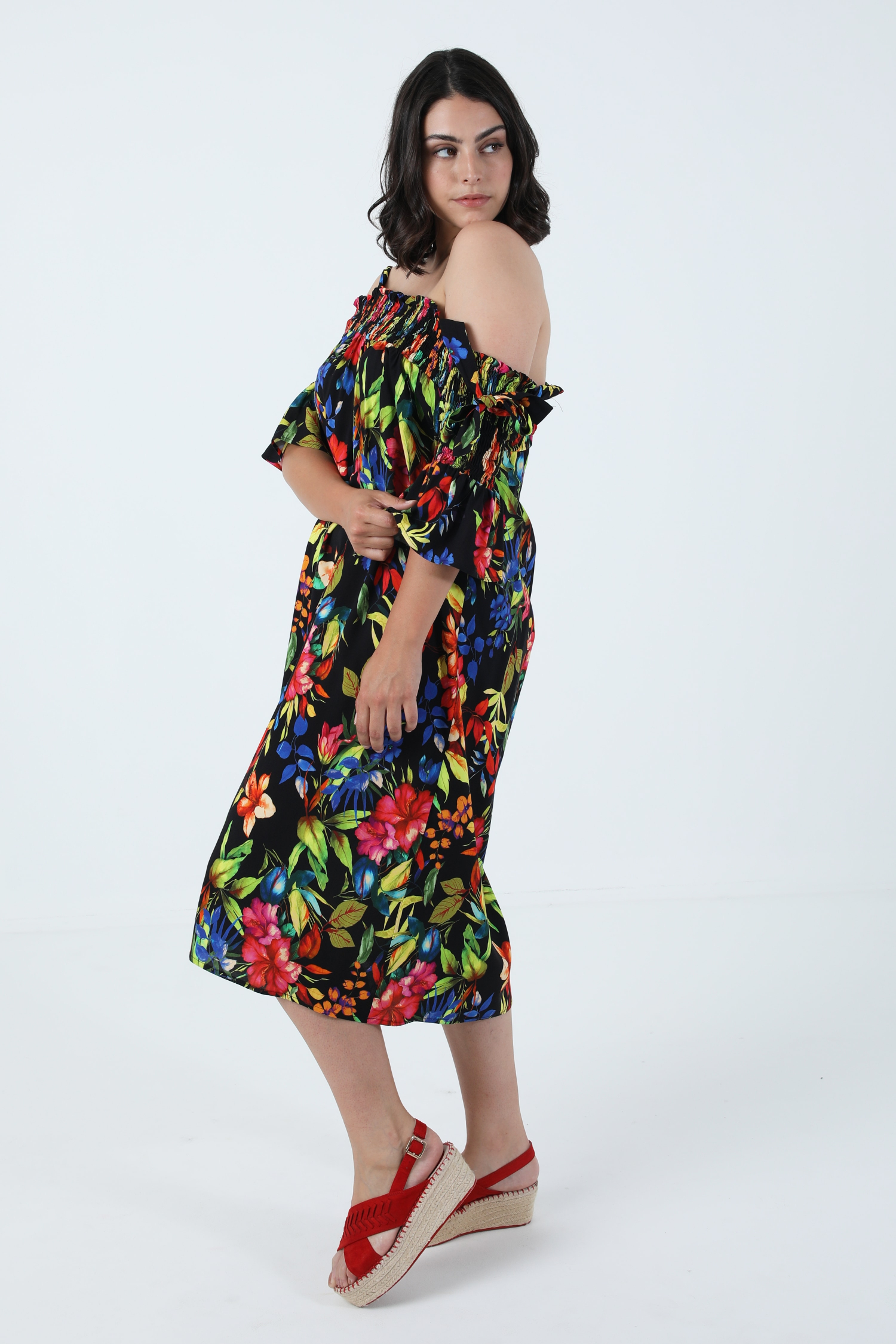 Printed mid-length dress in éco-responsable fabric