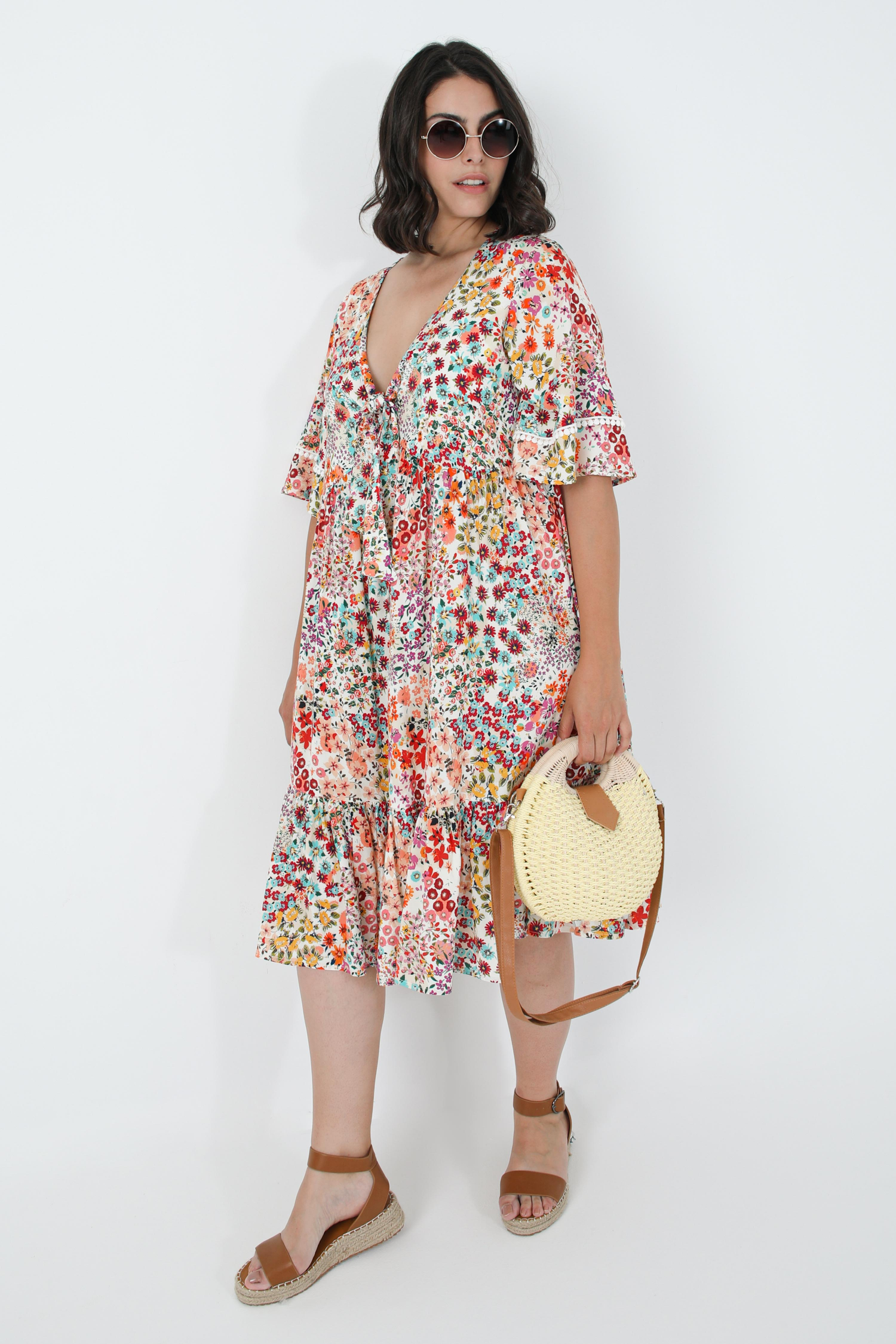 Mid-length dress printed with éco-responsable fabrics 