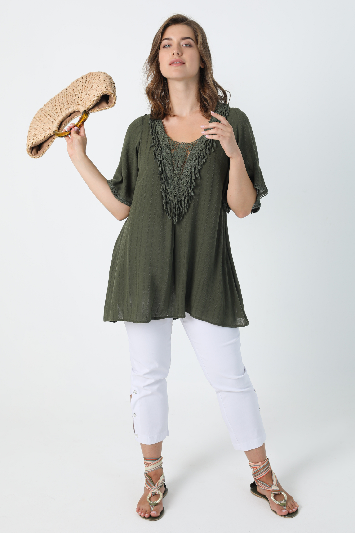 Striped effect crepon tunic with macrame collar (shipping May 10/15)