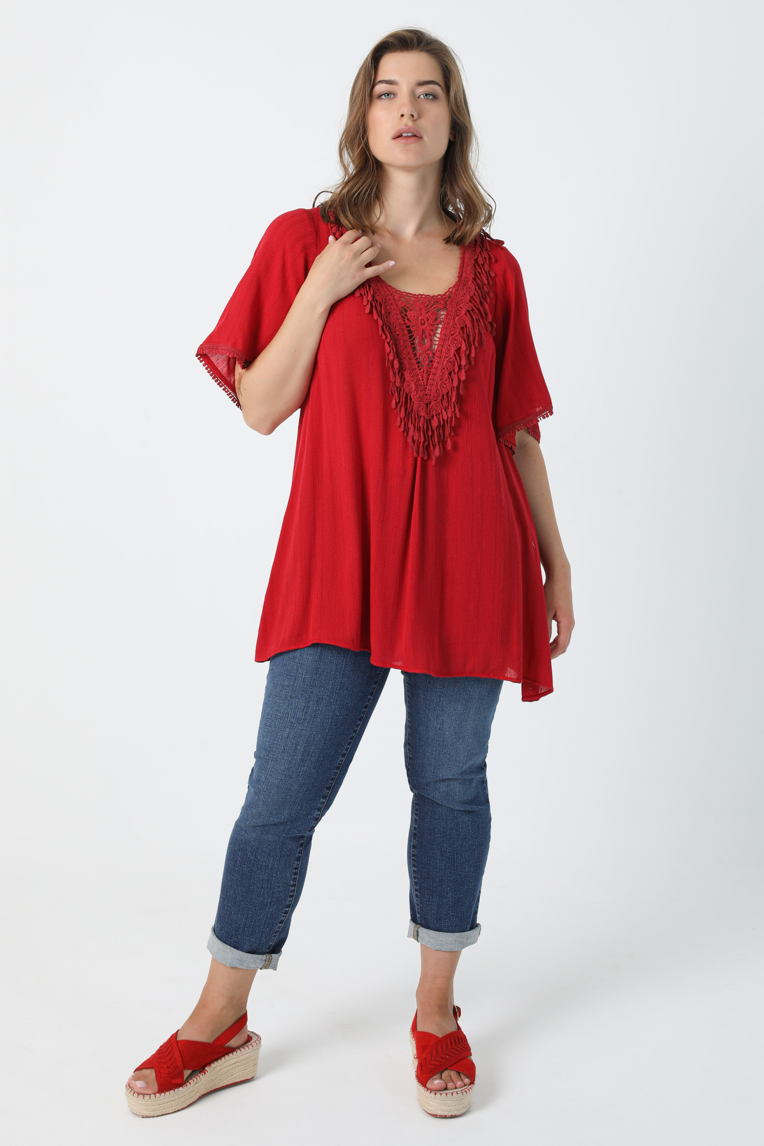 Striped effect crepon tunic with macrame collar (shipping May 10/15)