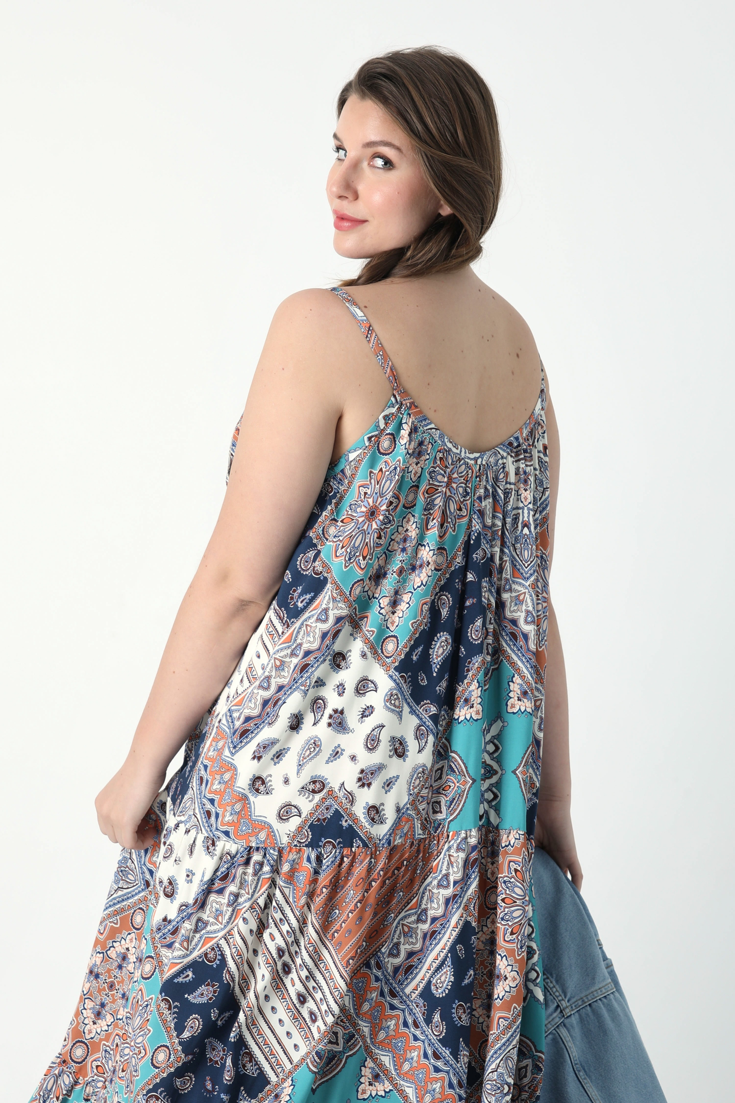 Bohemian style strappy dress with flounce in eoko-tex fabric