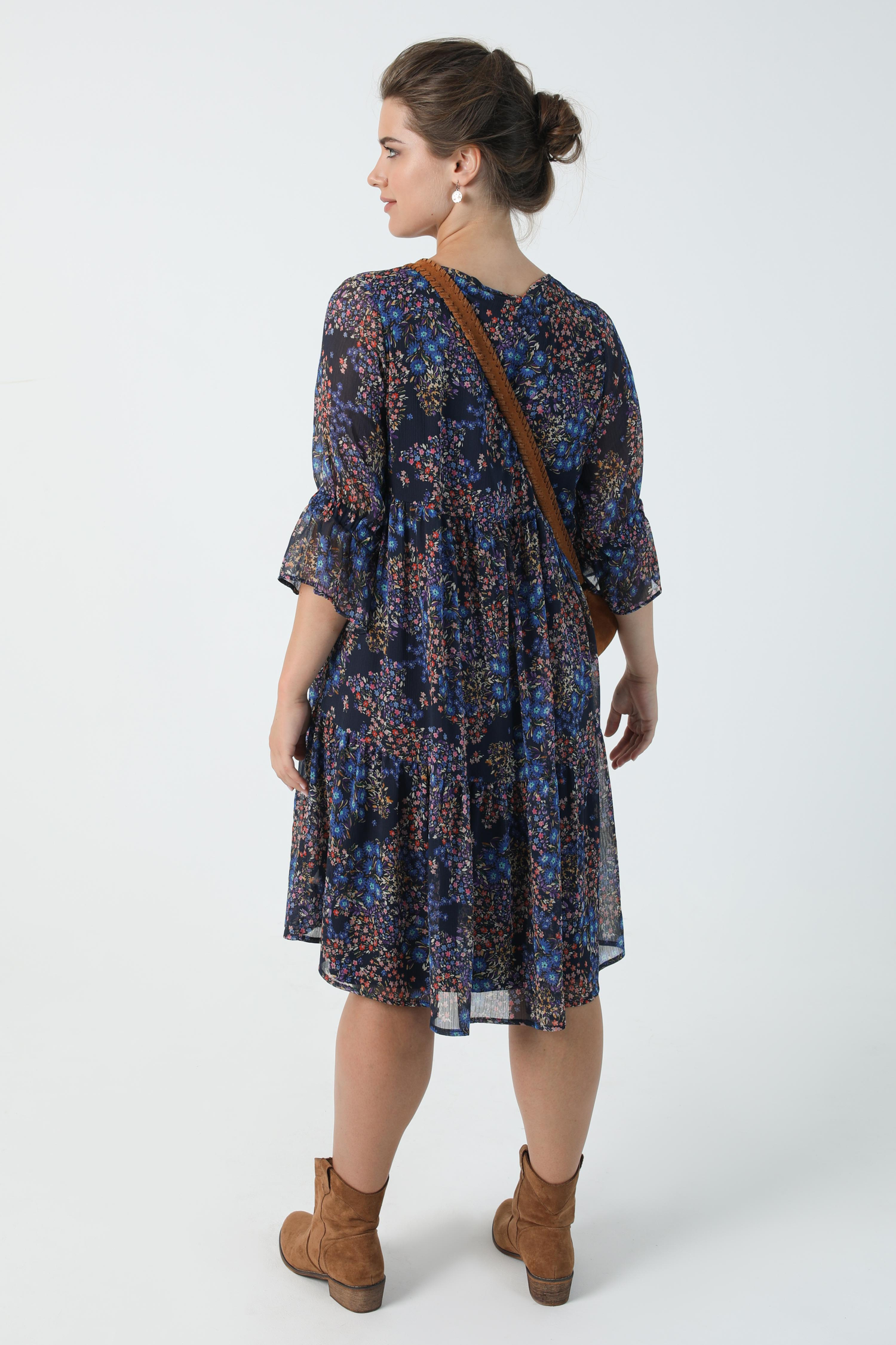 Bohemian style mid-length dress in veil printed with oeko-tex fabric