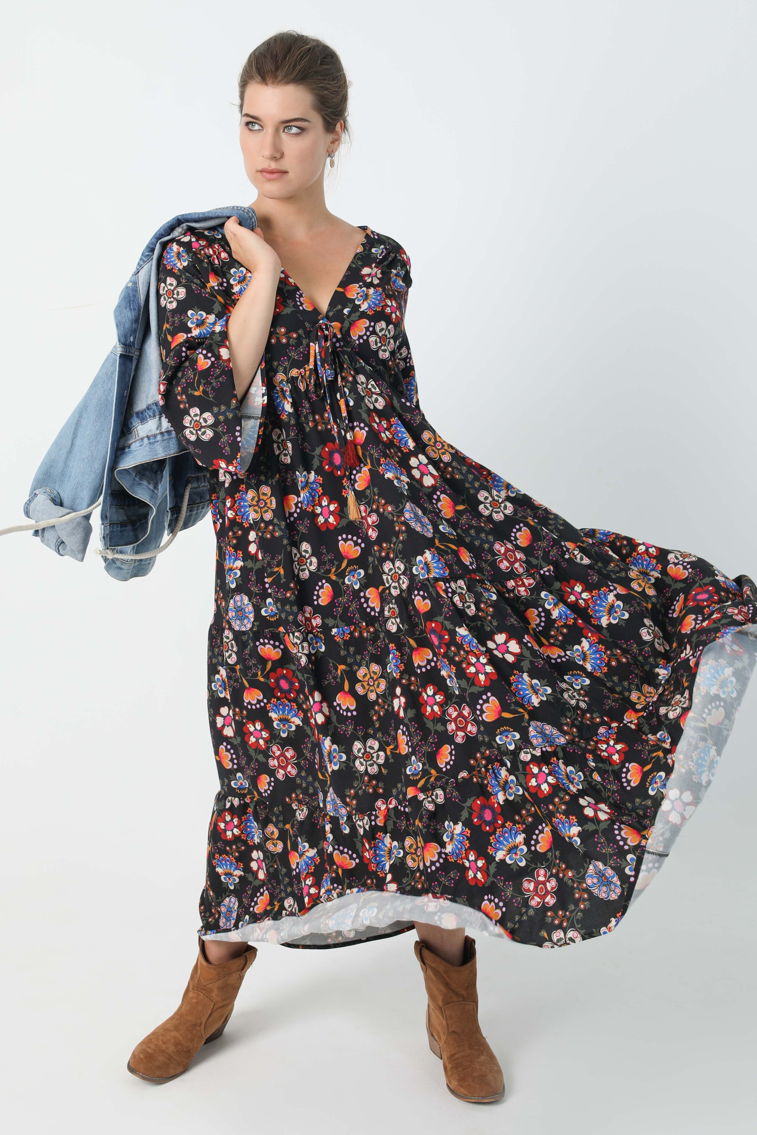 Bohemian style printed long dress in oeko-tex fabric