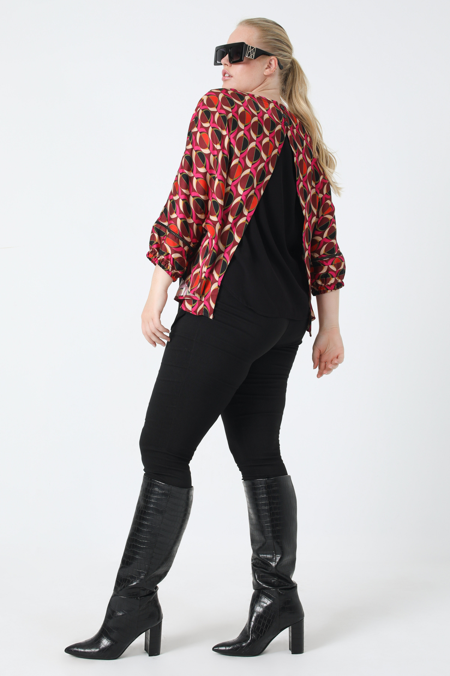 Overlay blouse with graphic satin print