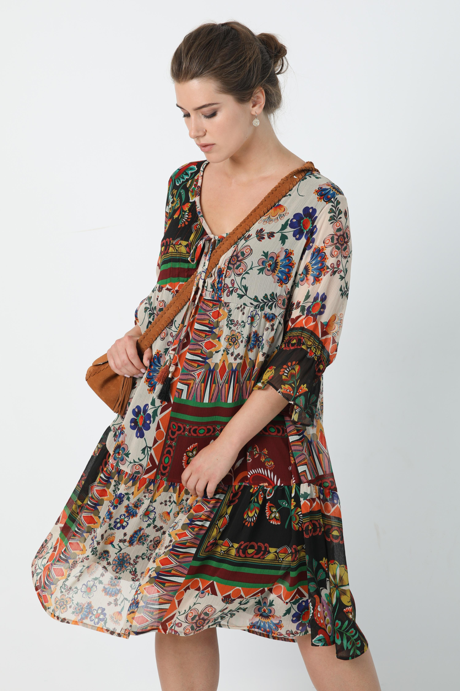 Bohemian style mid-length dress in veil printed with oeko-tex fabric