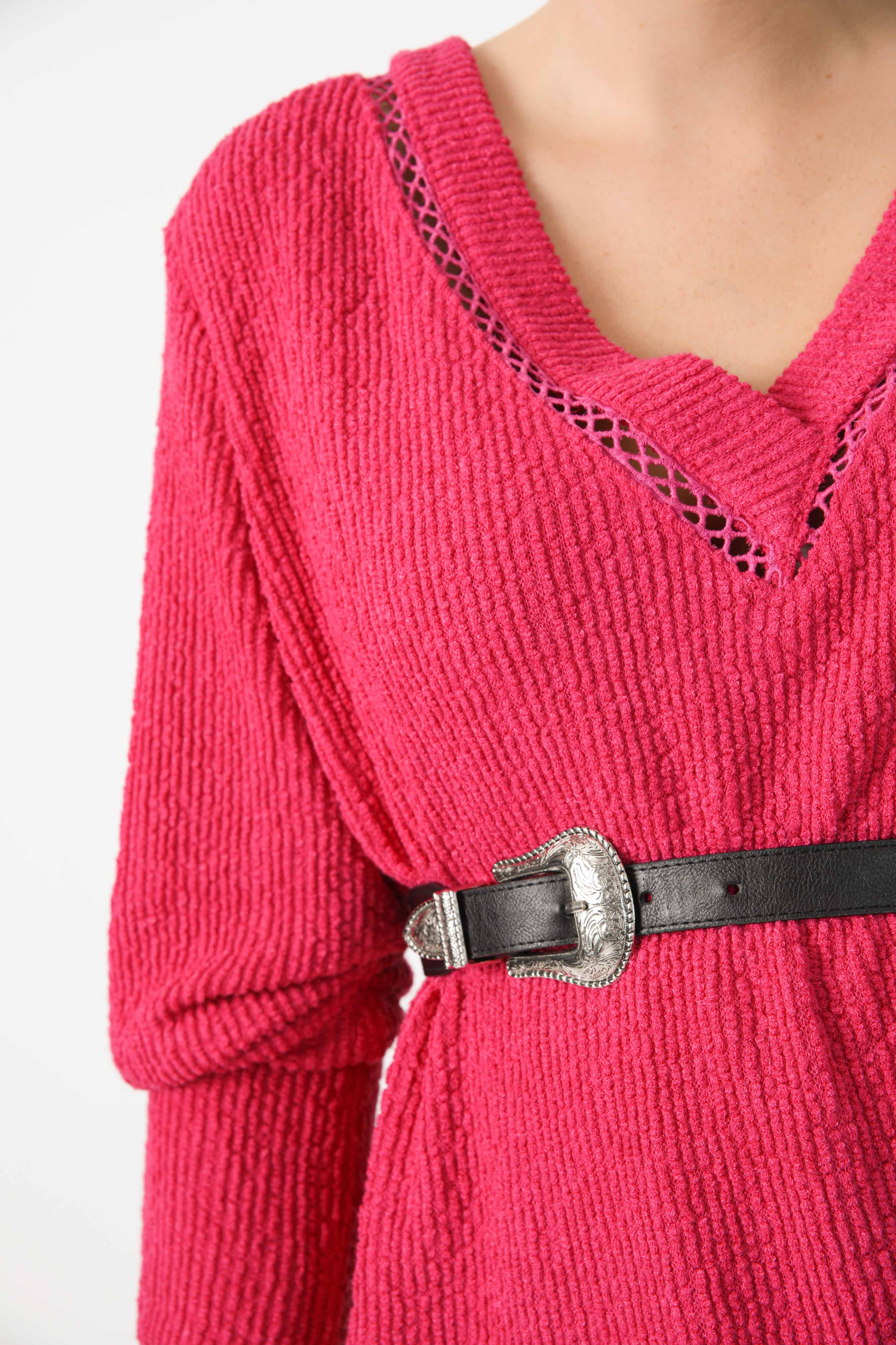 Plain chenille V-neck sweater