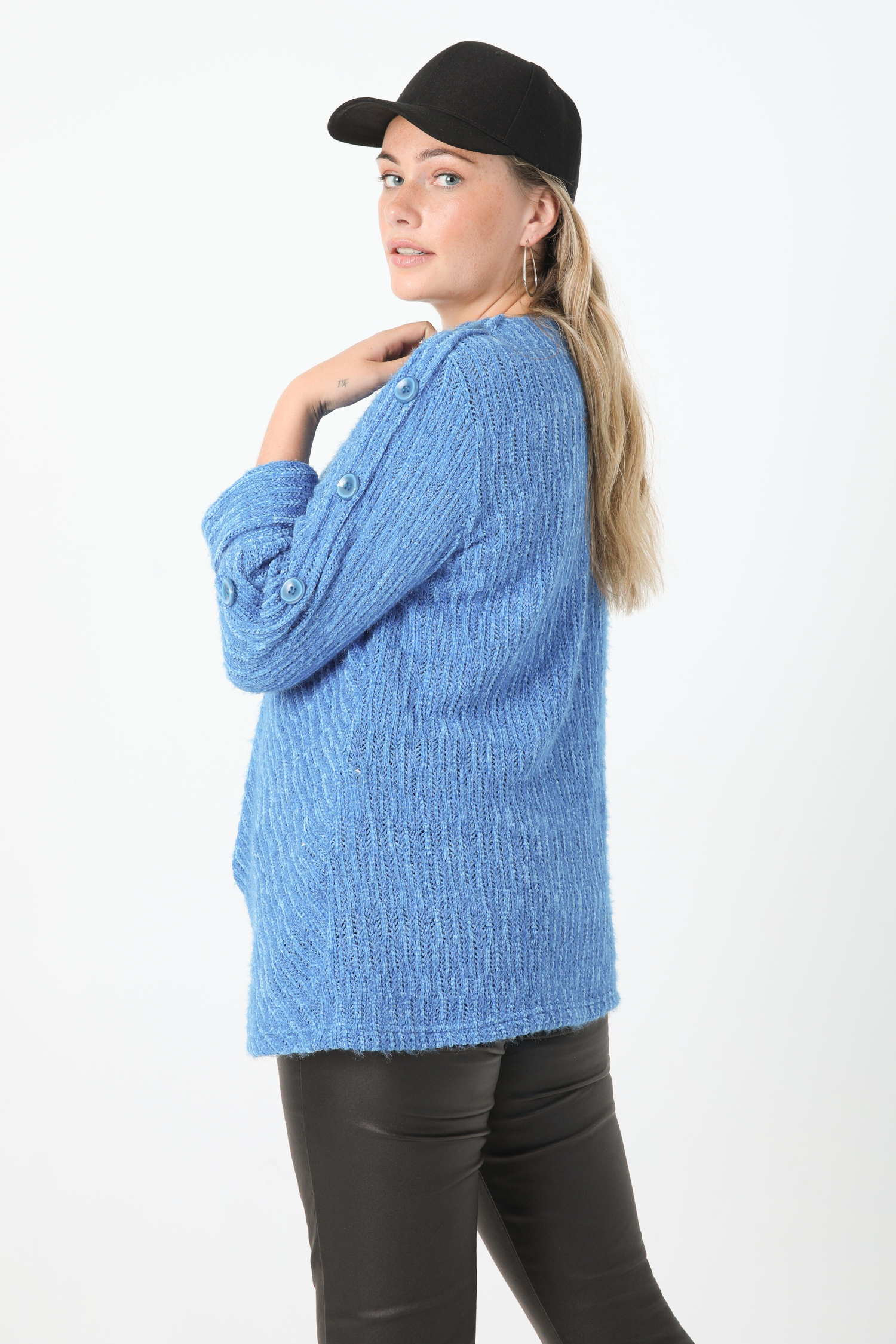 Plain chenille knit sweater with decorative buttons