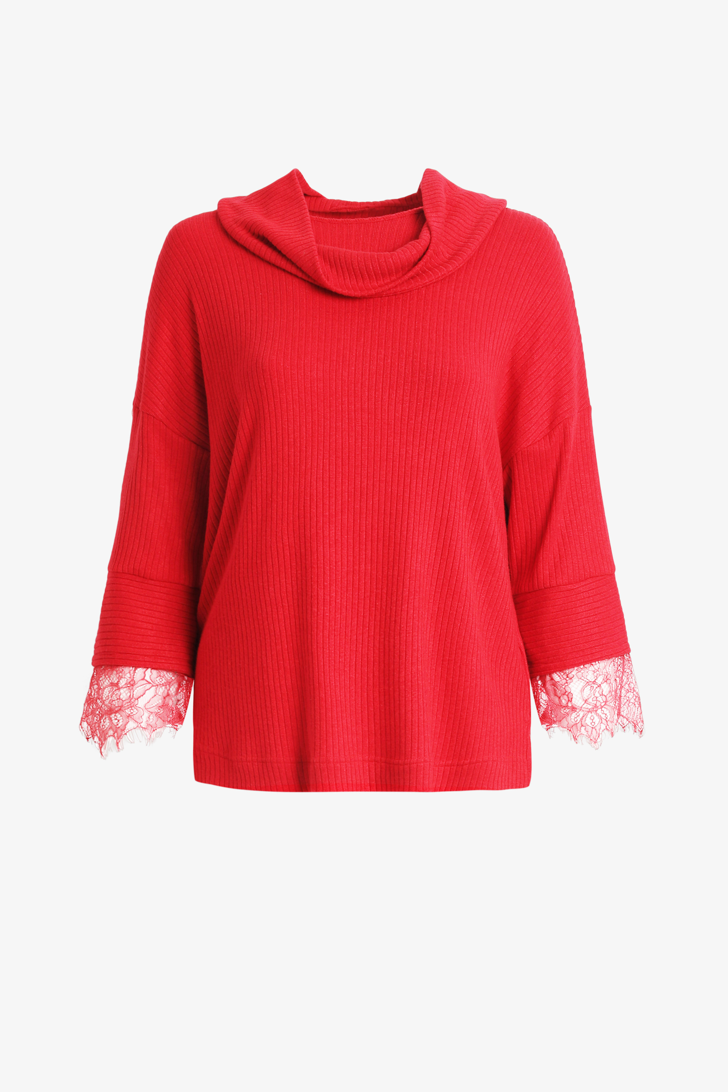 Plain ribbed knit sweater with lace