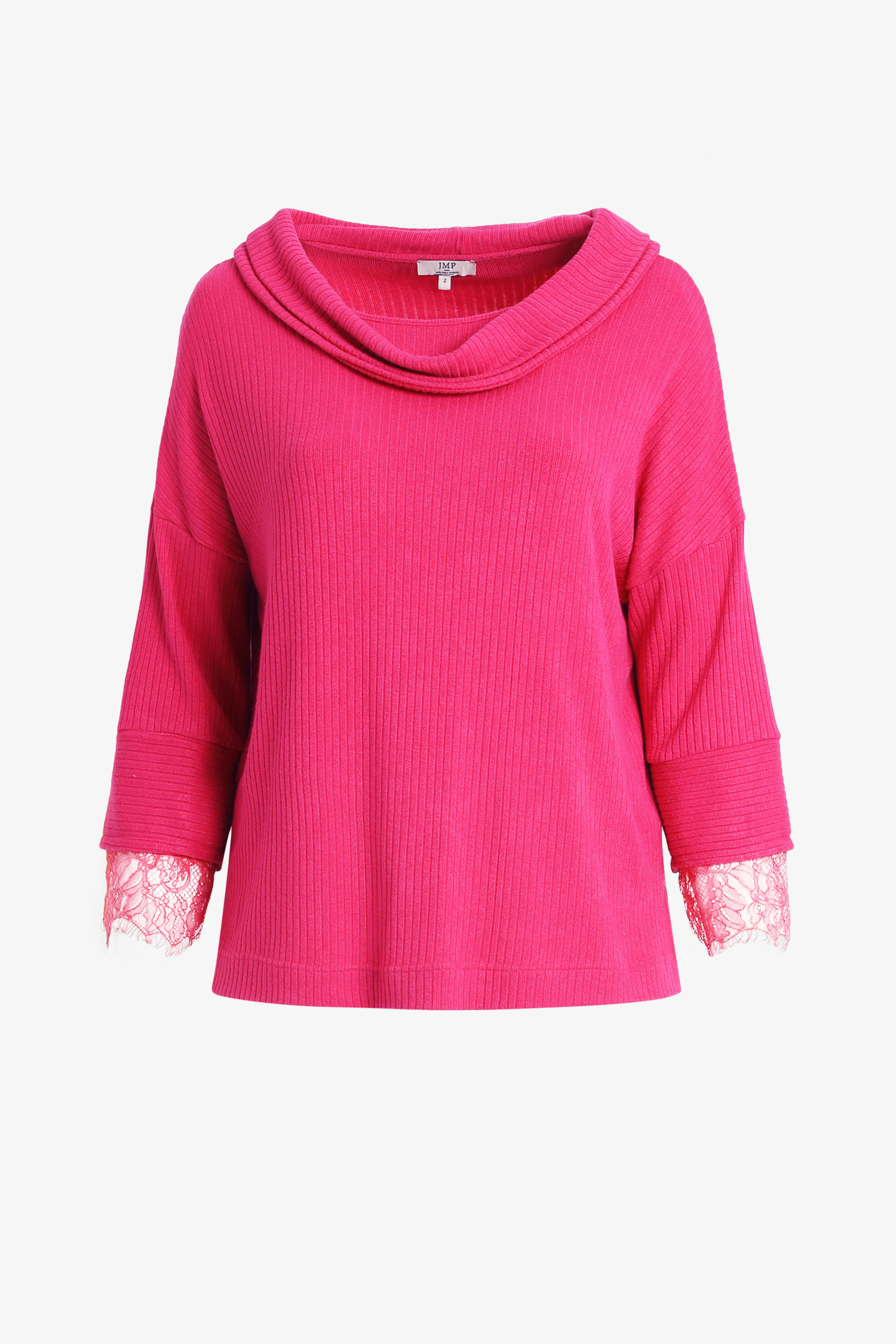 Ribbed solid-knit sweater with lace