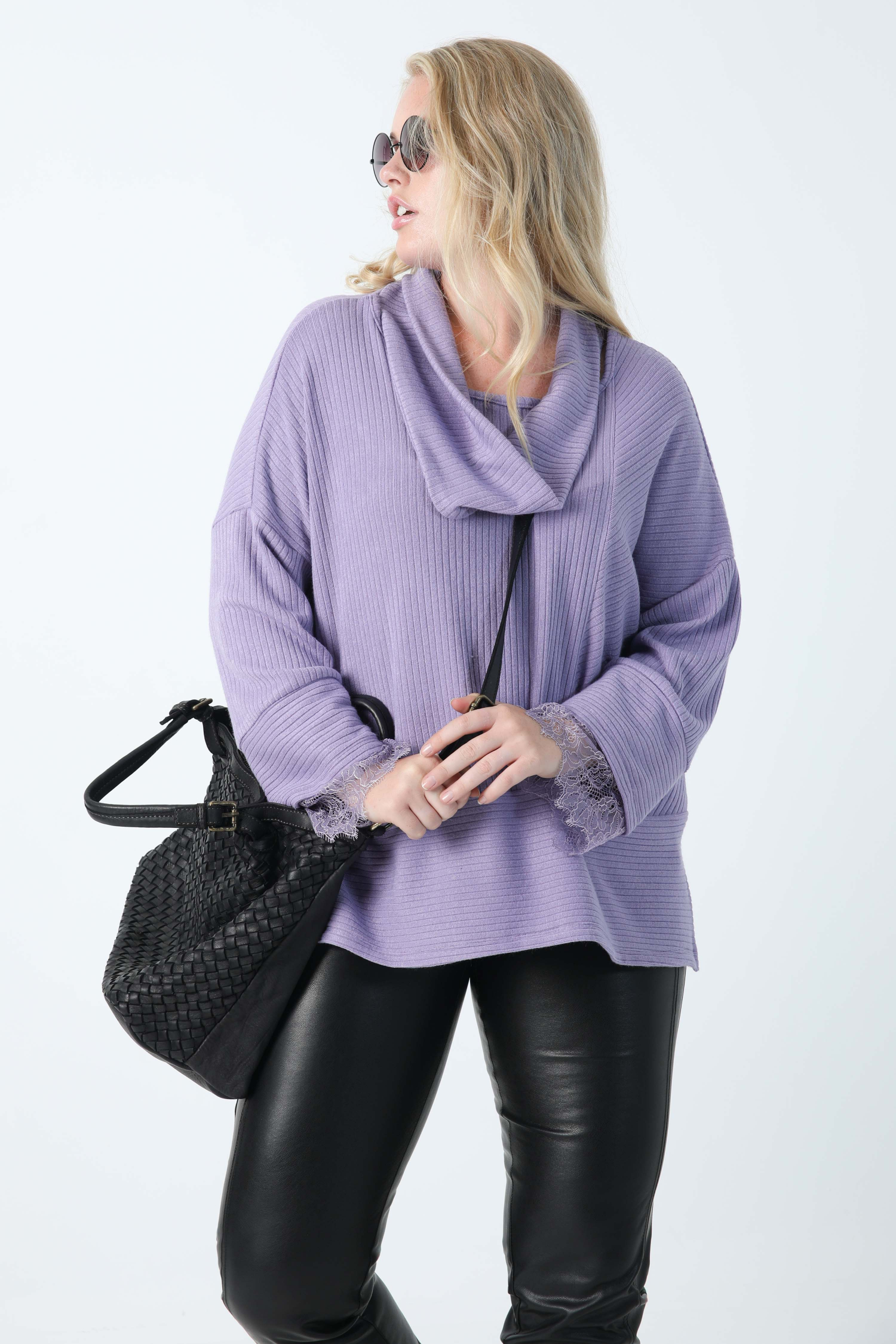 Ribbed solid-knit sweater with lace