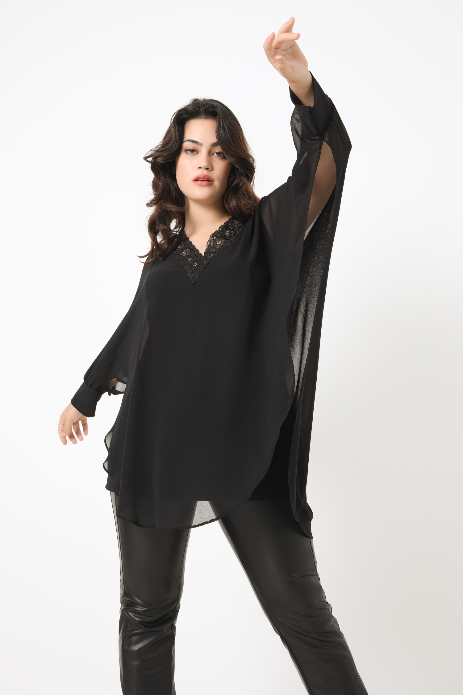 Voile tunic with lace braid