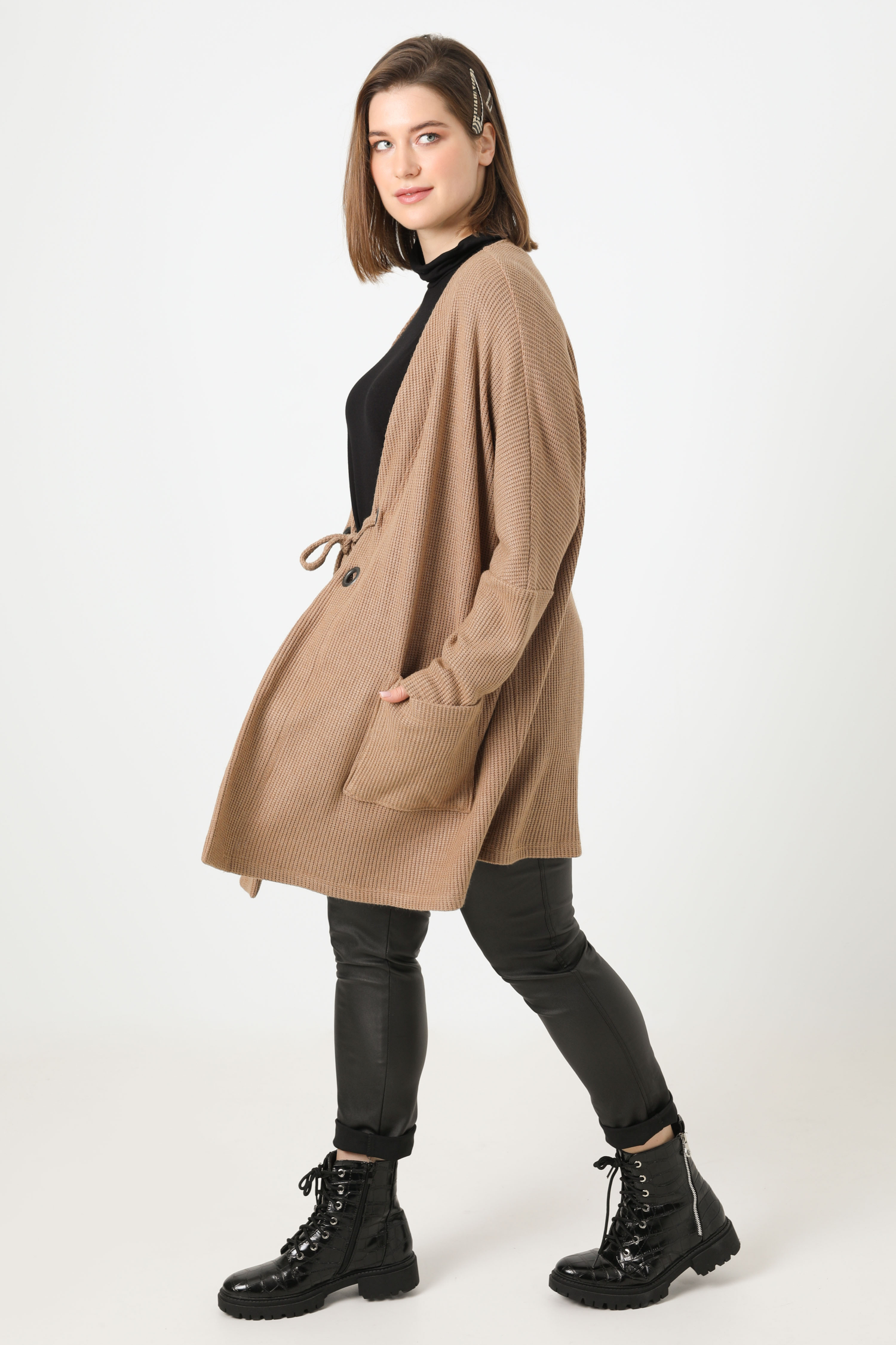 Long honeycomb knit cardigan with eyelets 