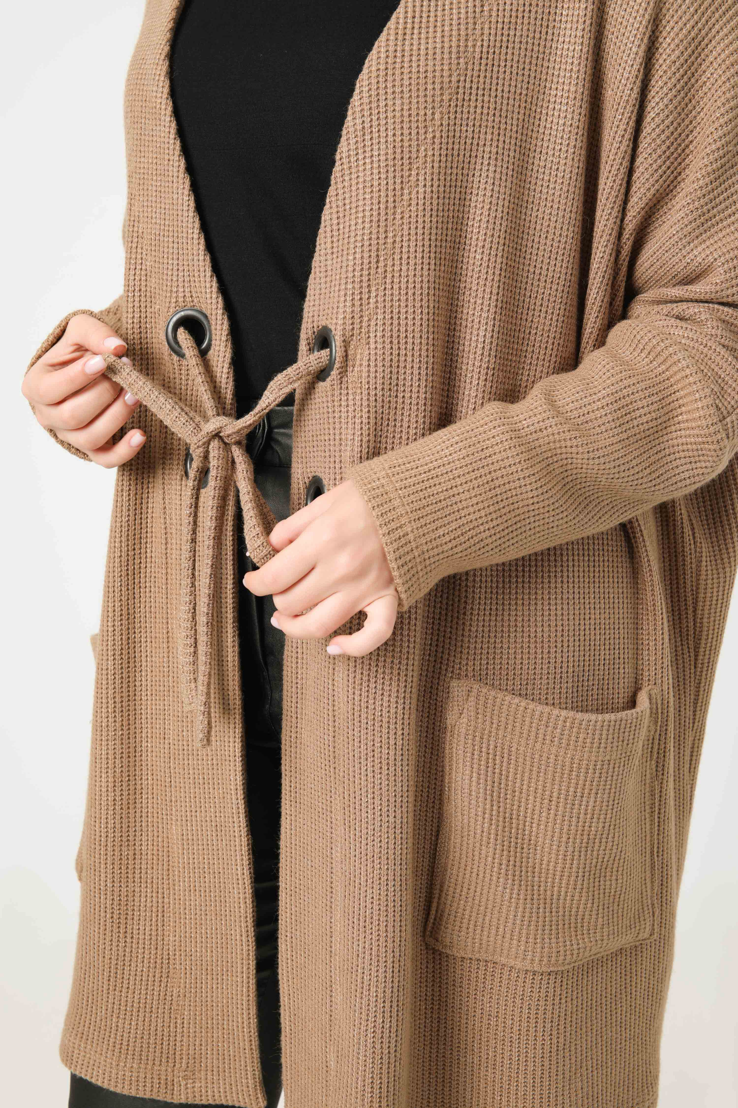 Long honeycomb knit cardigan with eyelets 