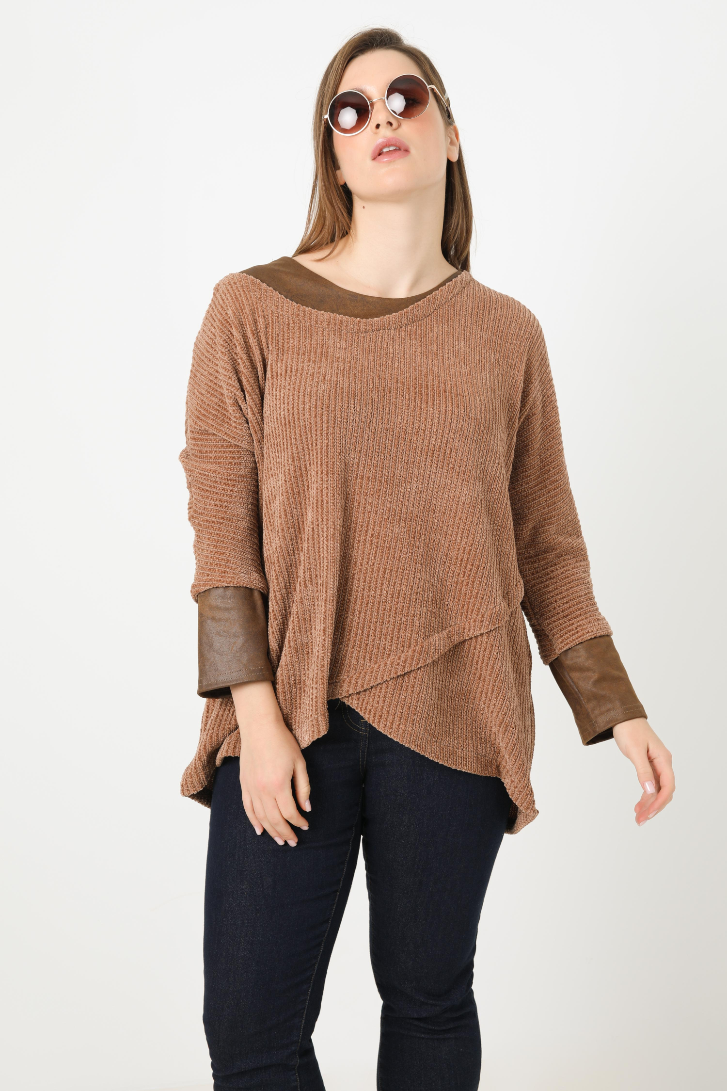 Chenille knit sweater with coated panels
