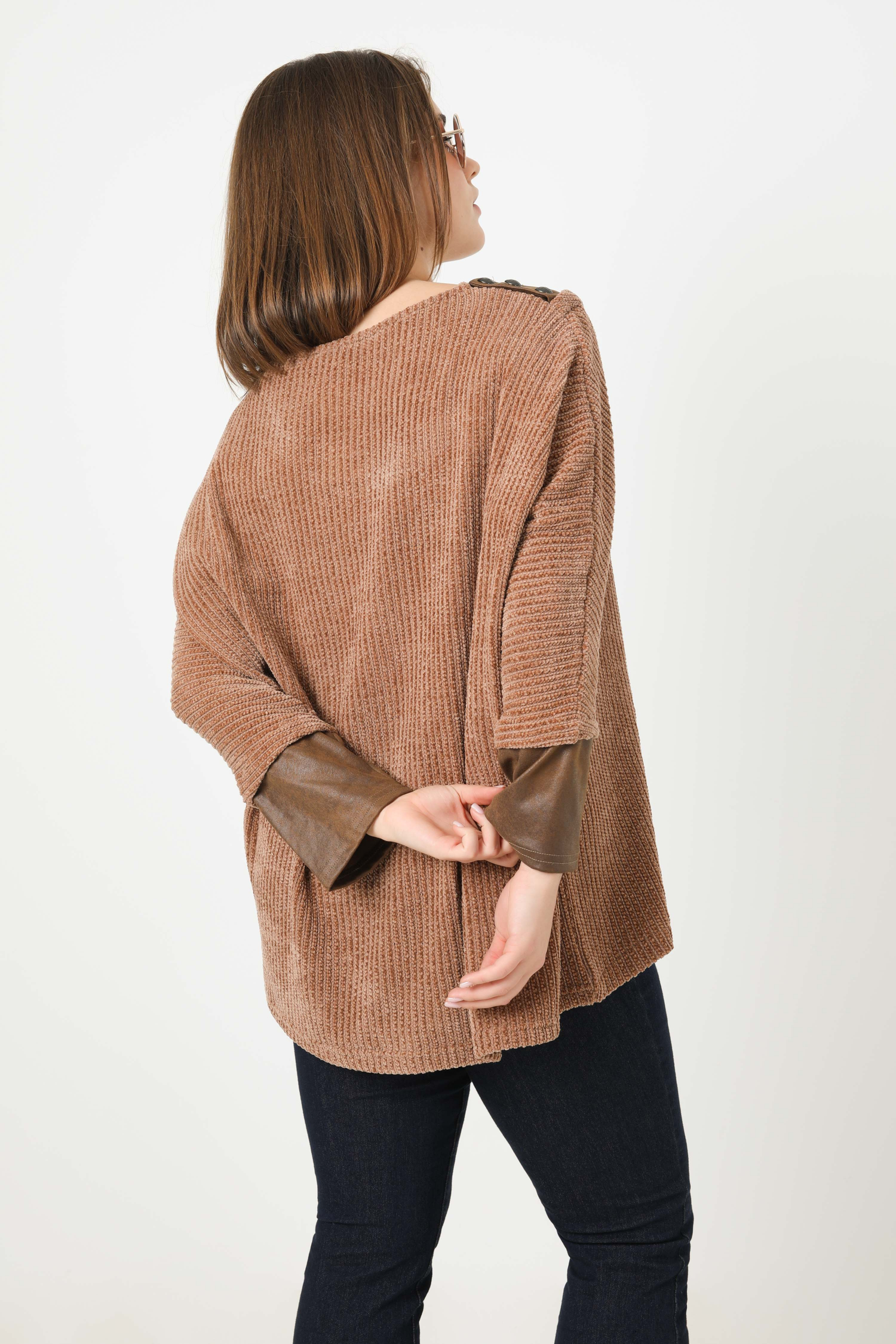 Chenille knit sweater with coated panels