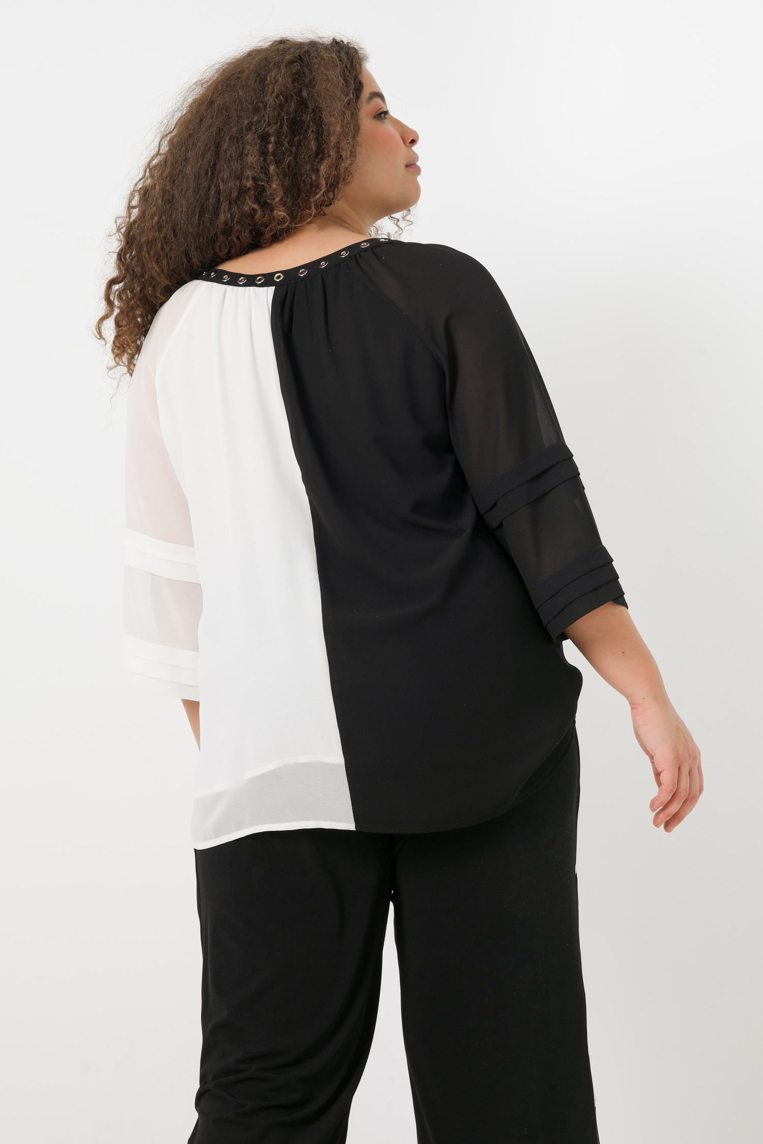Two-tone black/white voile blouse with eyelets