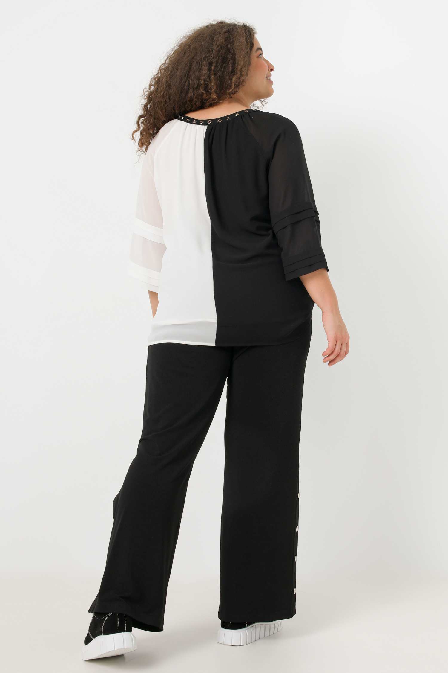 Two-tone black/white voile blouse with eyelets