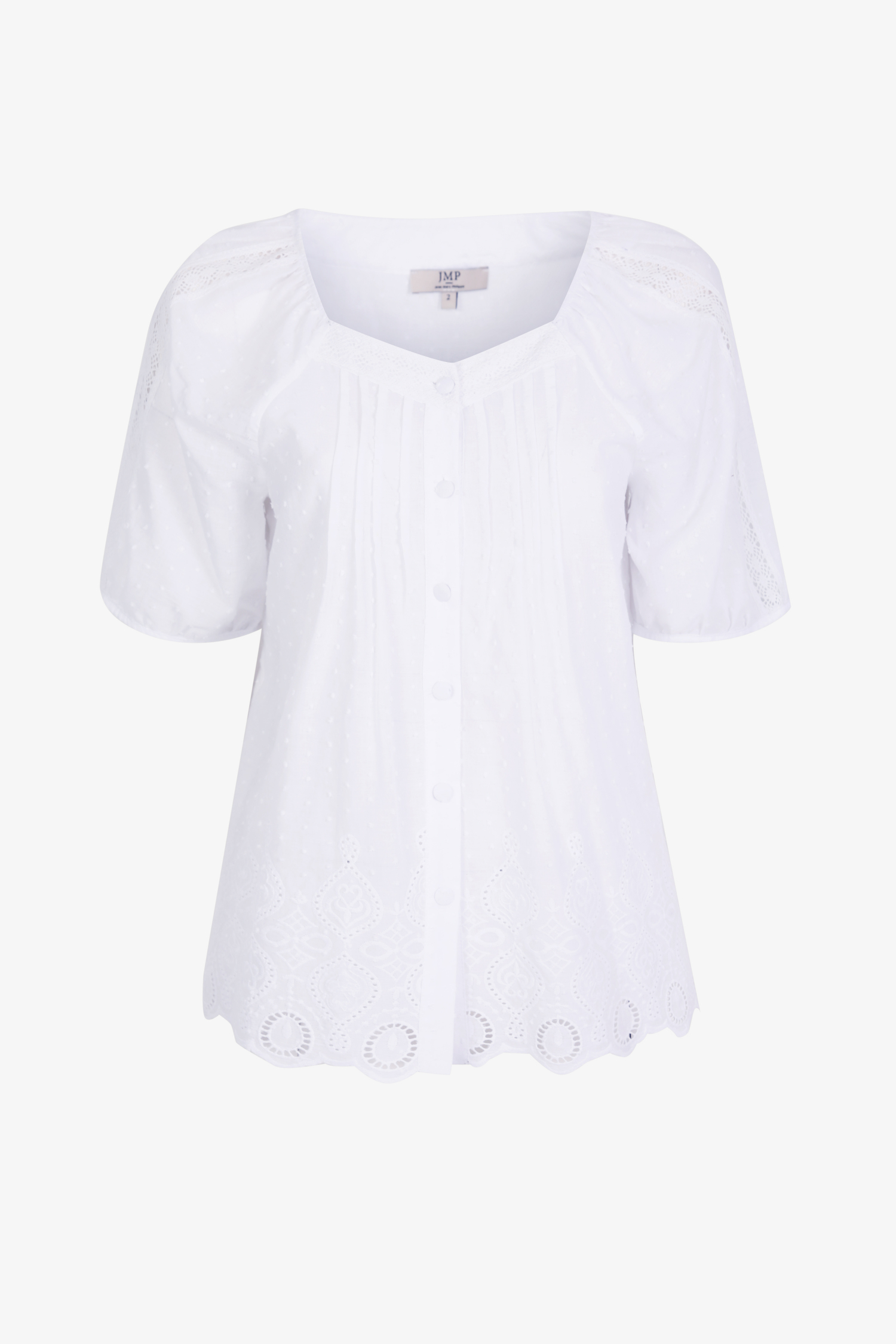 Swiss-dot embroidery shirt with braid