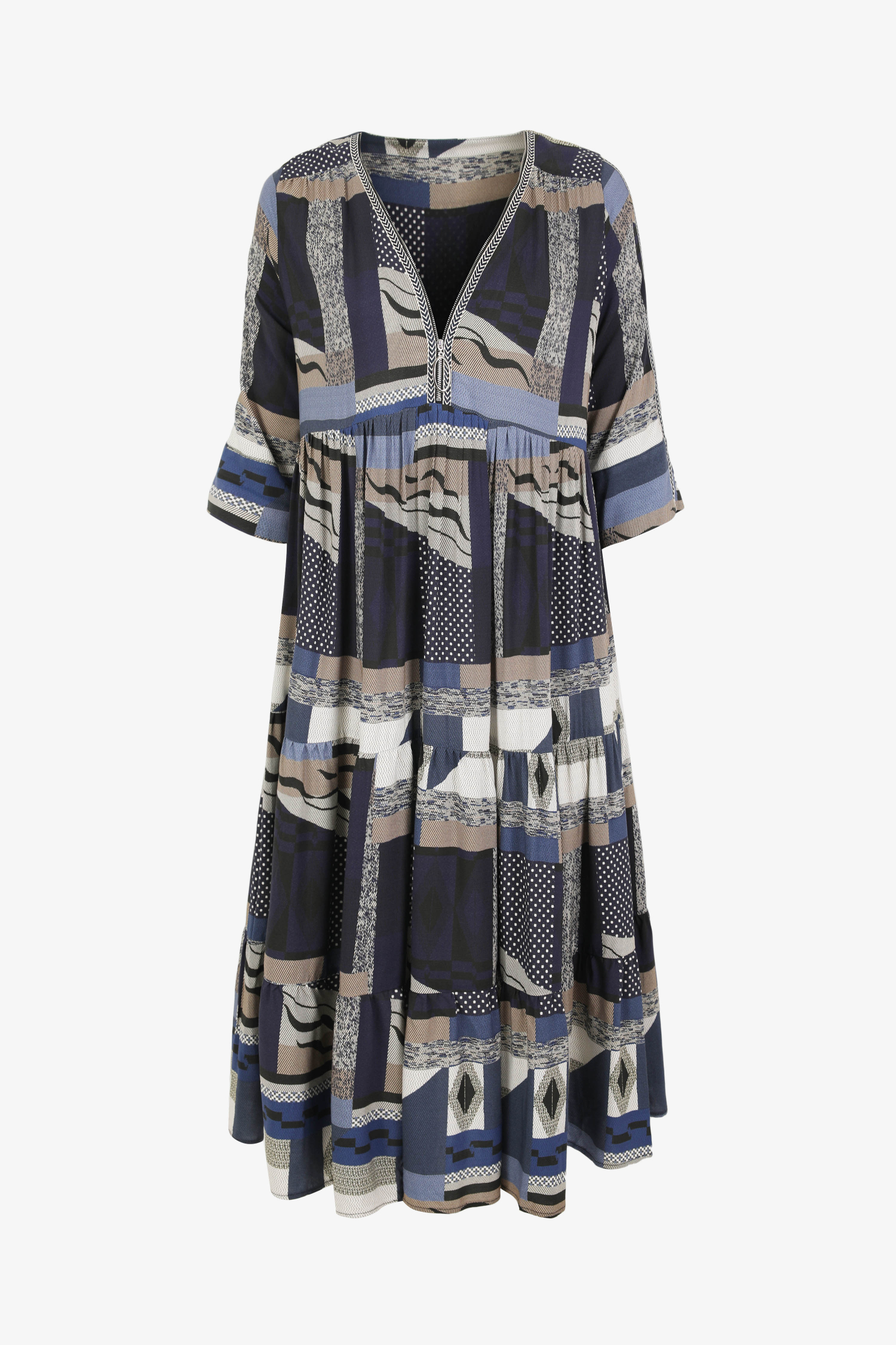 Long dress with zip in éco-responsable fabric patch print (expedition March 5/10)