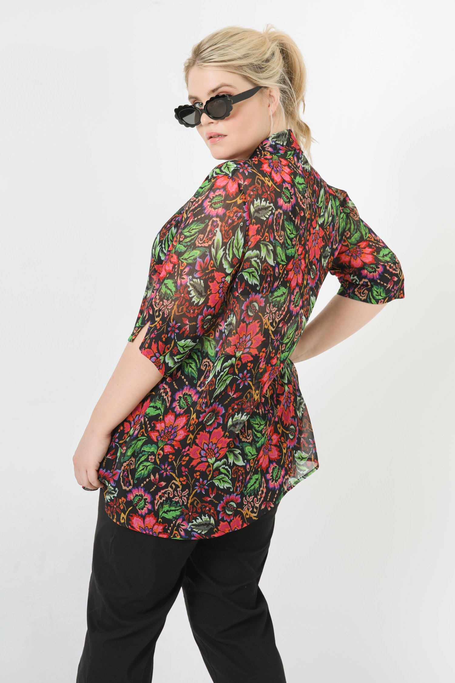 A-line floral print voile shirt