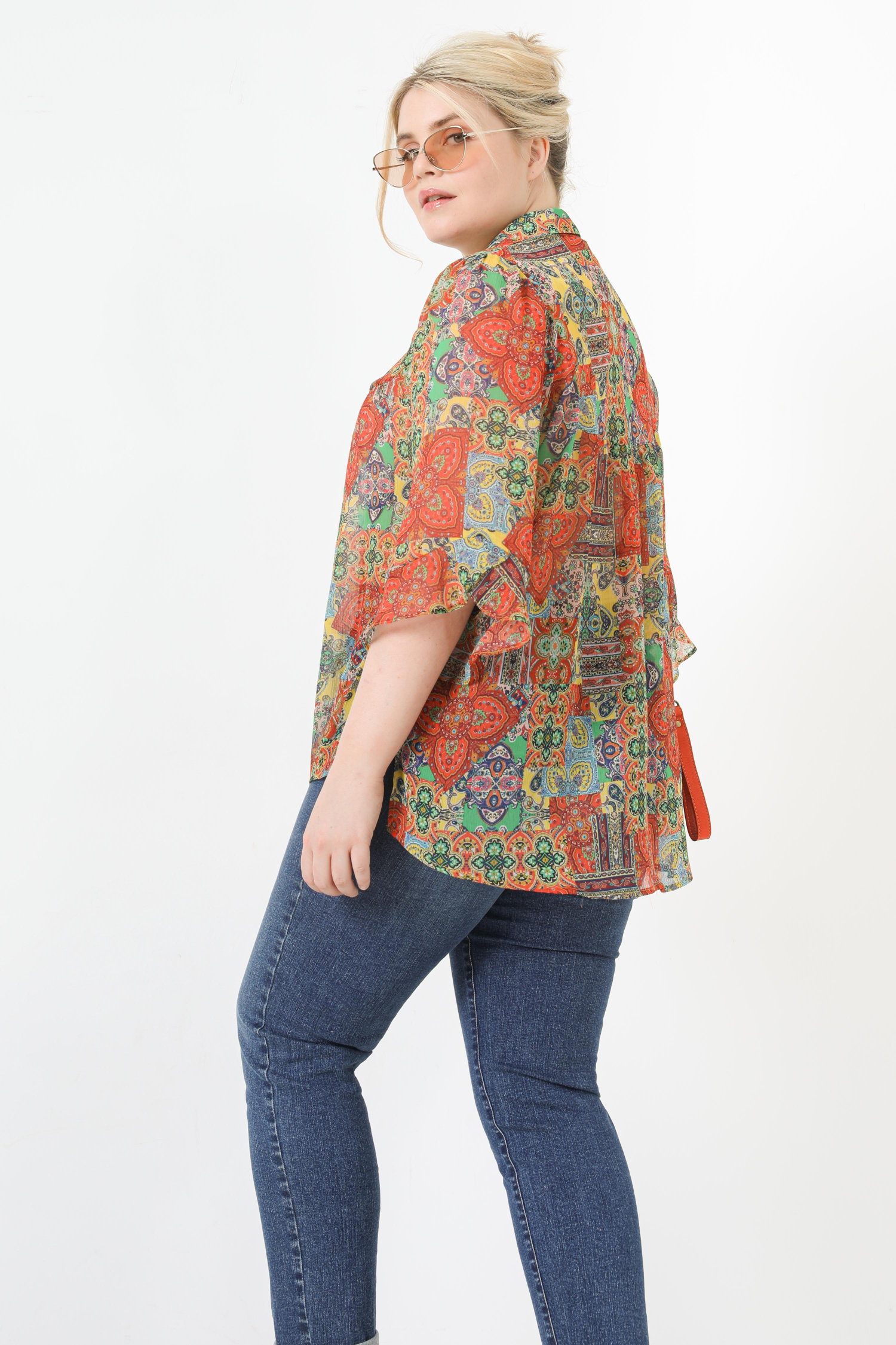 Printed voile shirt with beaded collar