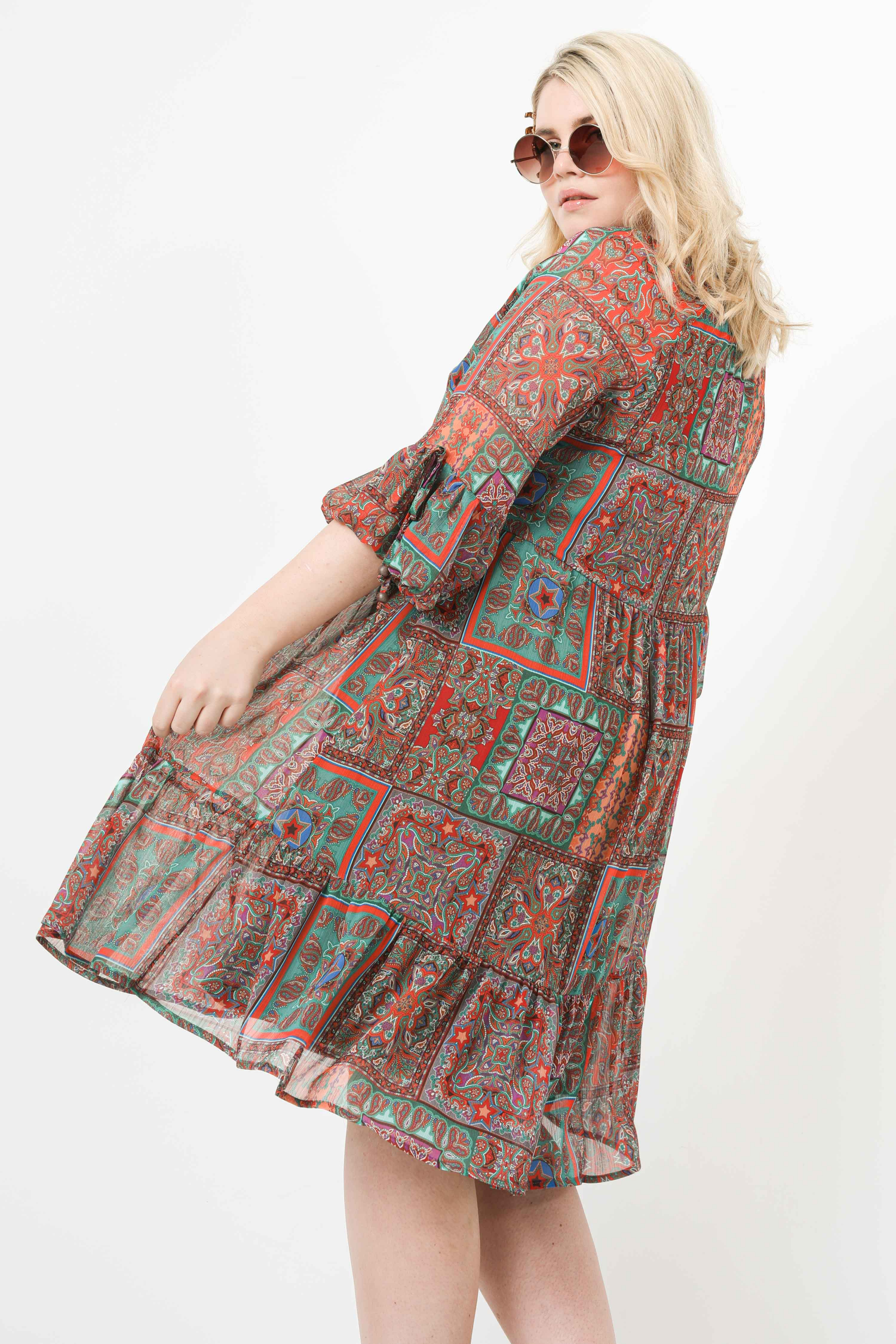 Mid-length dress in printed voile with braid