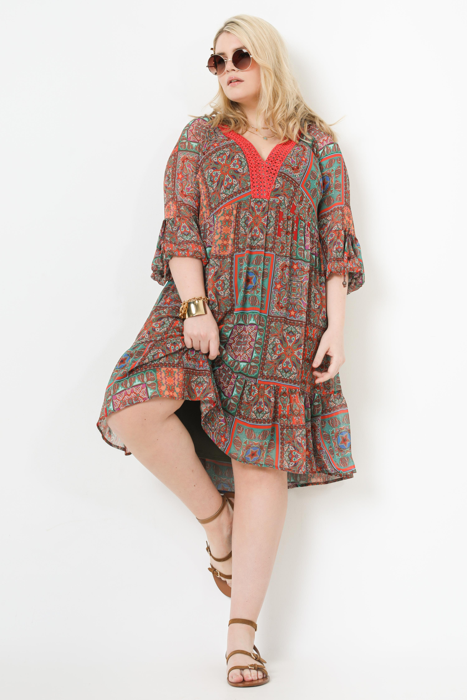 Mid-length dress in printed voile with braid (expedition March 25/31)
