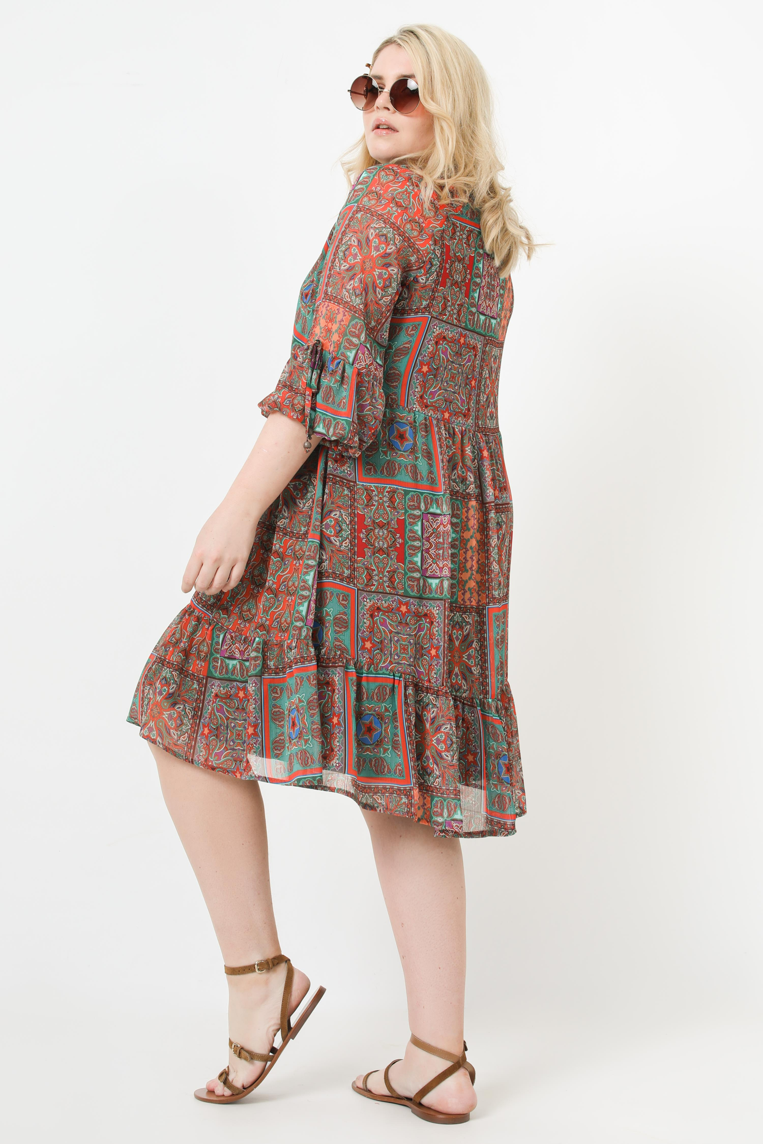 Mid-length dress in printed voile with braid