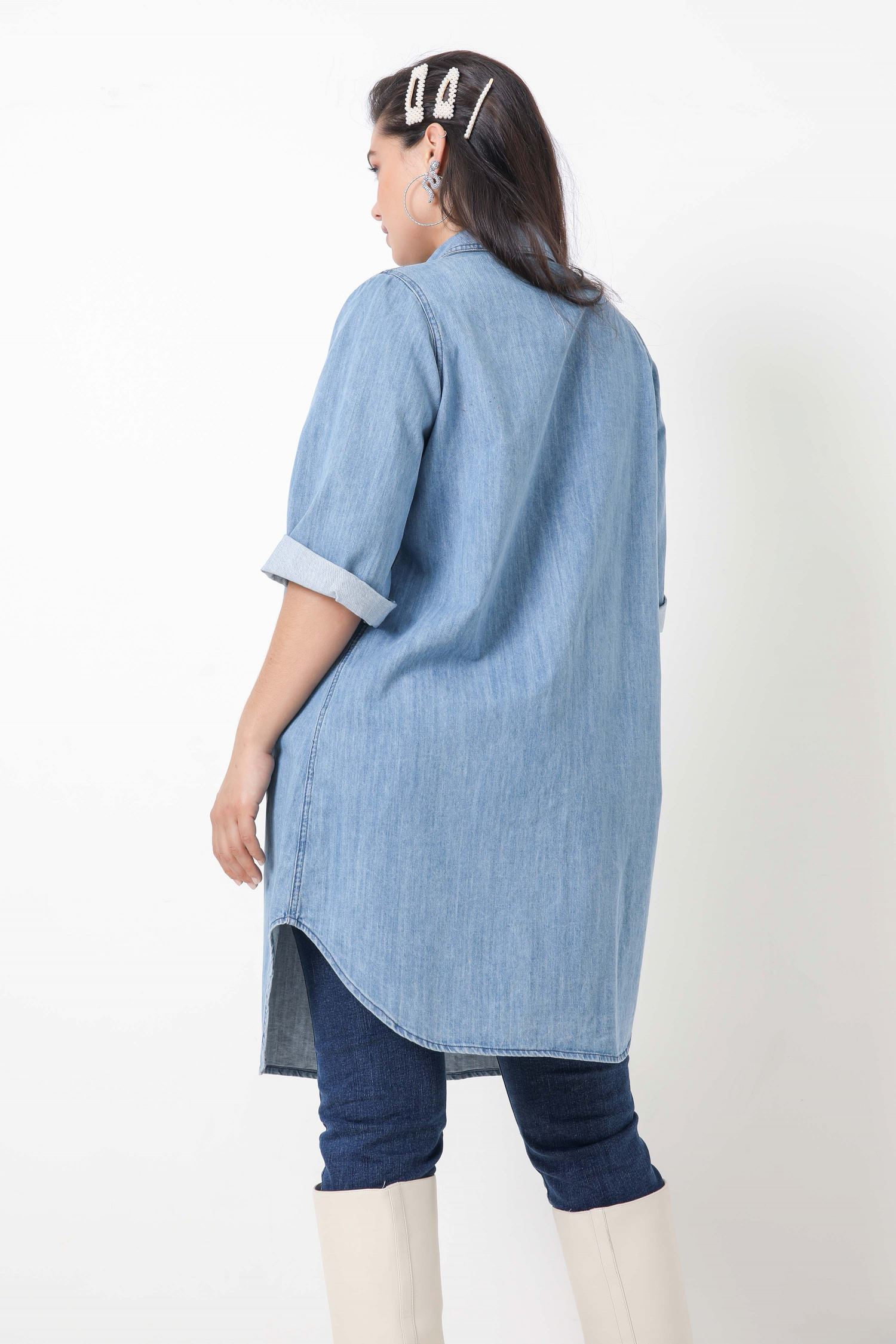 long jeans shirt with pearl