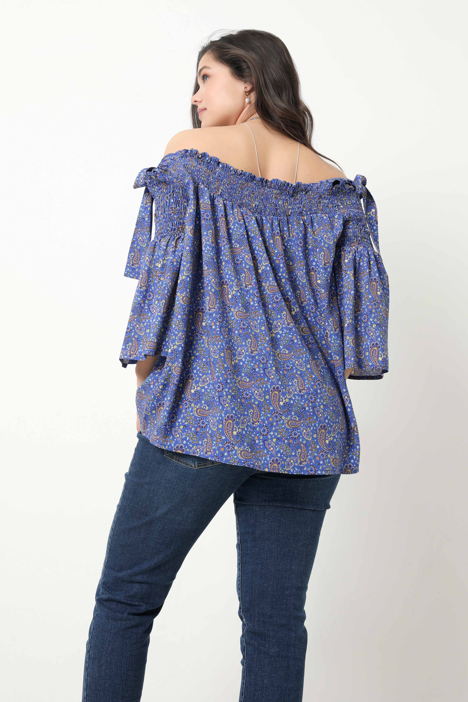 printed top with smocked straps