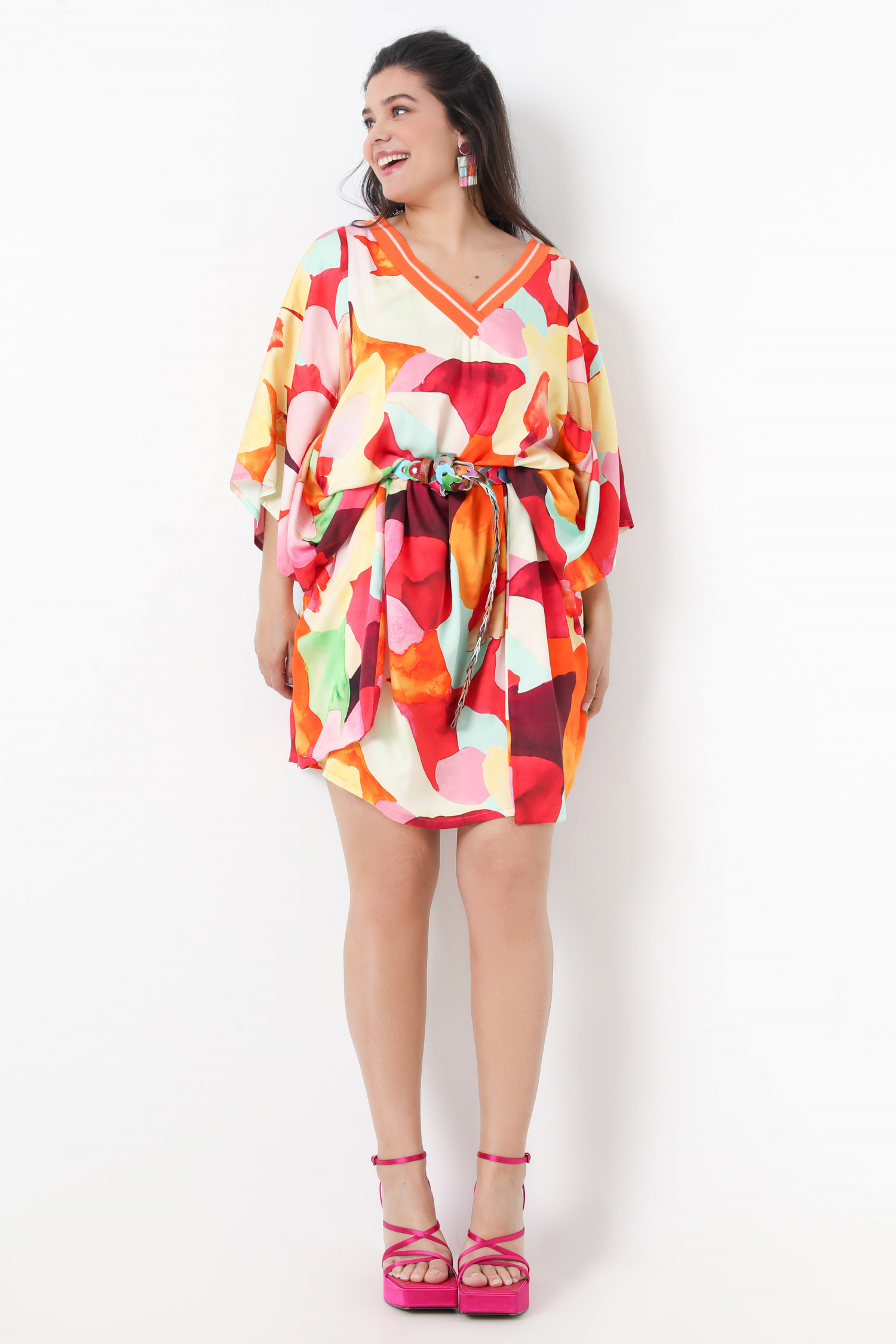 Eco-responsible printed kimono-effect dress