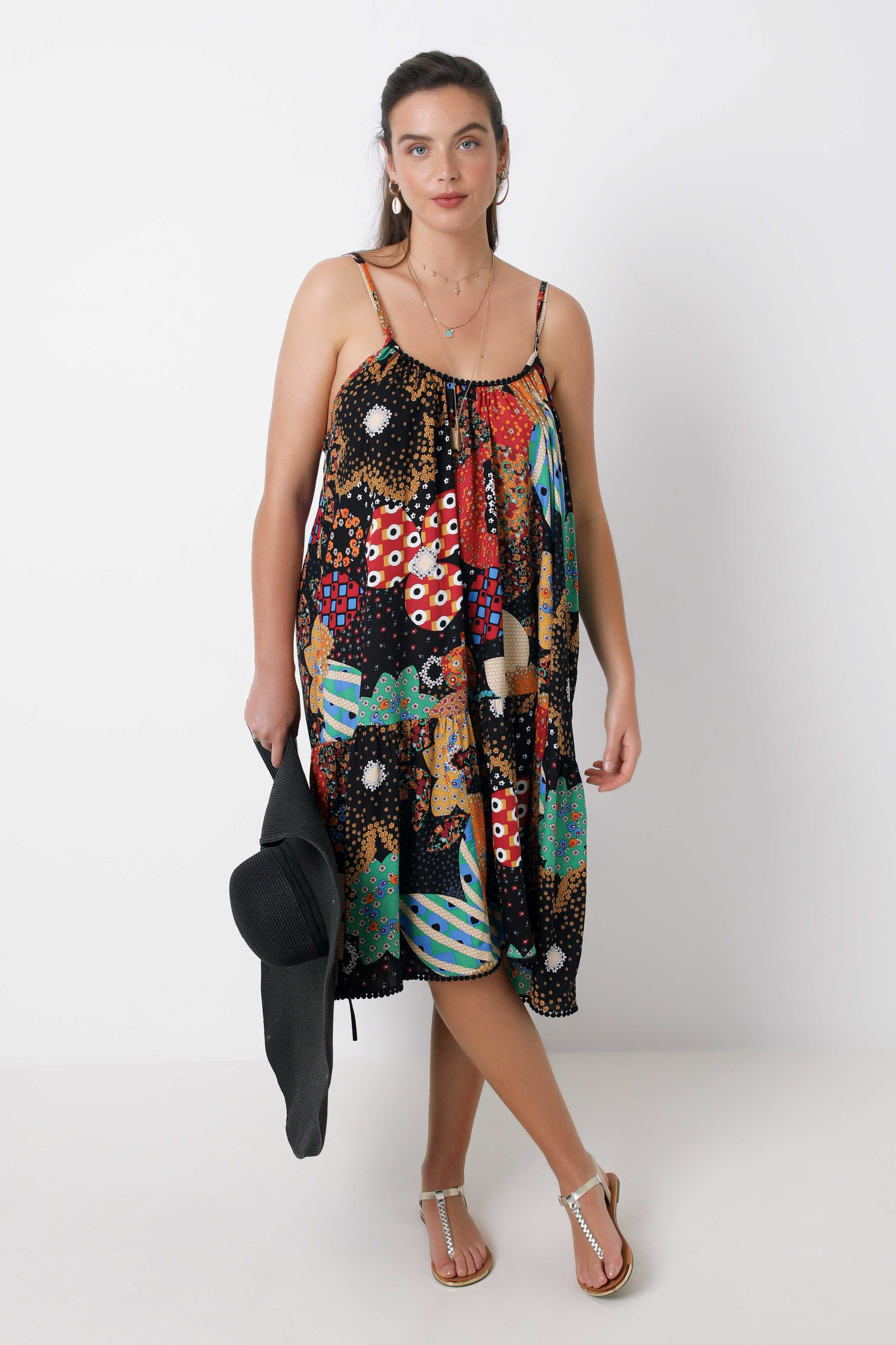 Mid-length printed dress with straps