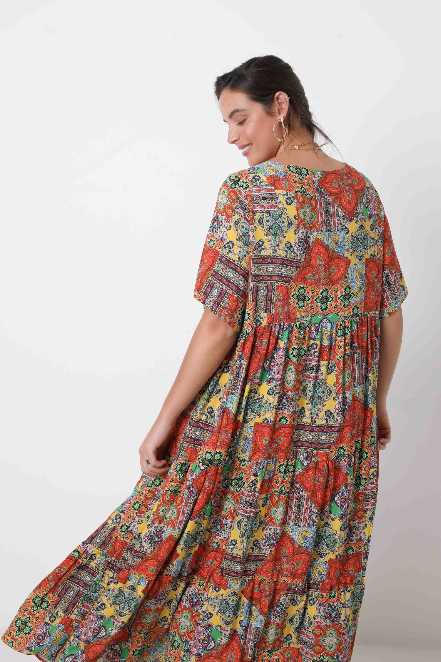 Long printed fibranne dress