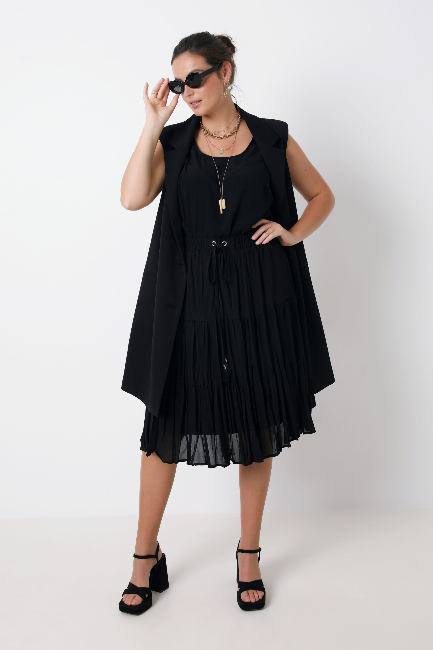 Plain voile pleated skirt with ruffles