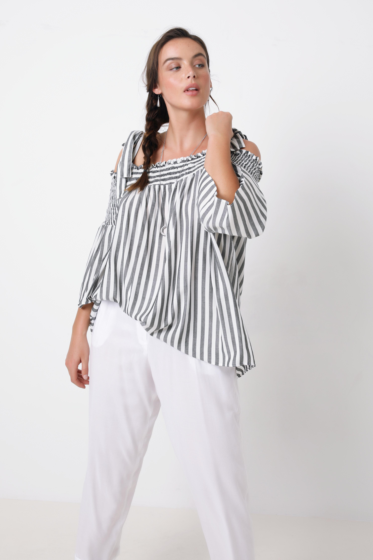 Striped blouse with smocked straps