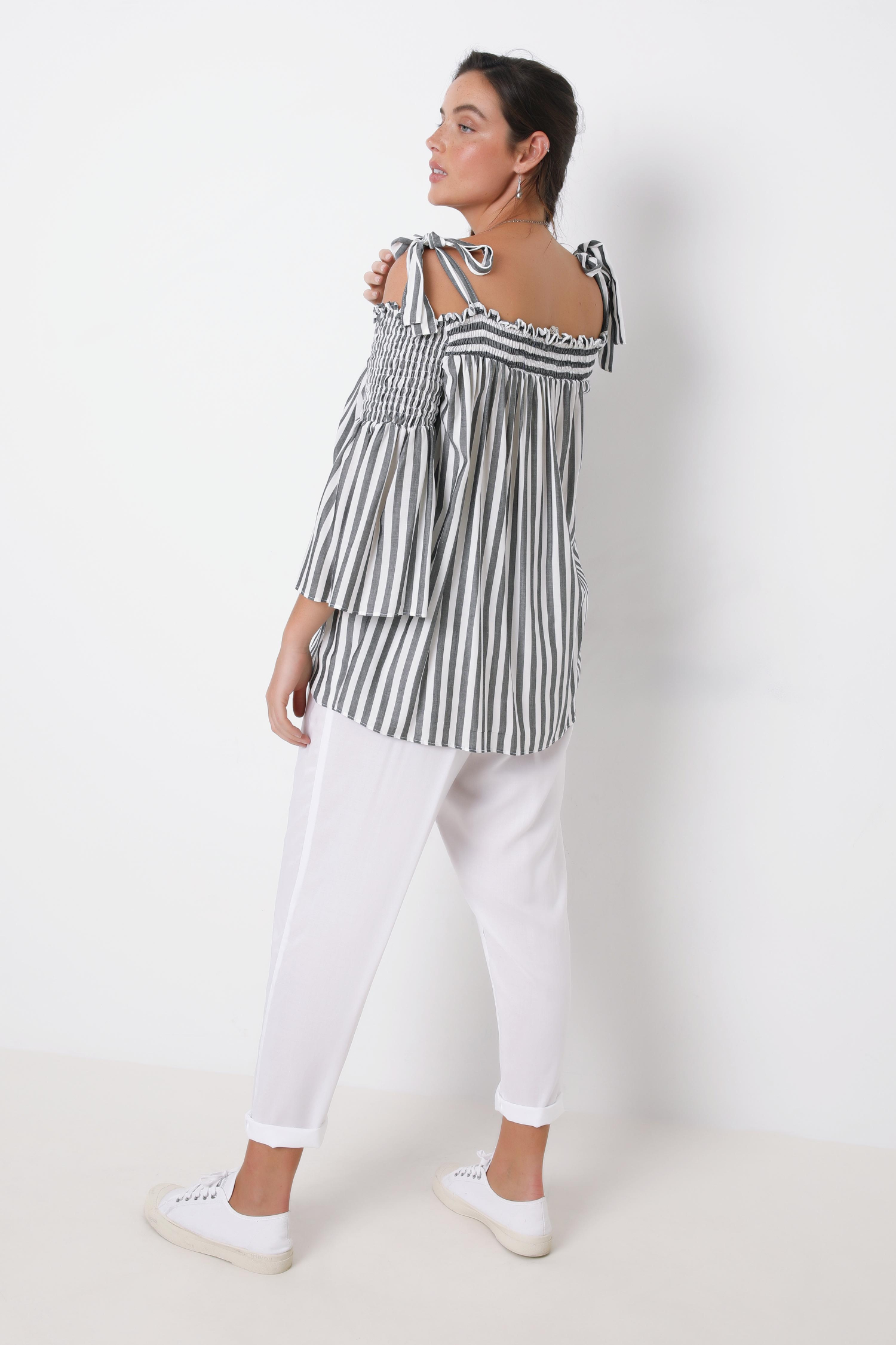 Striped blouse with smocked straps