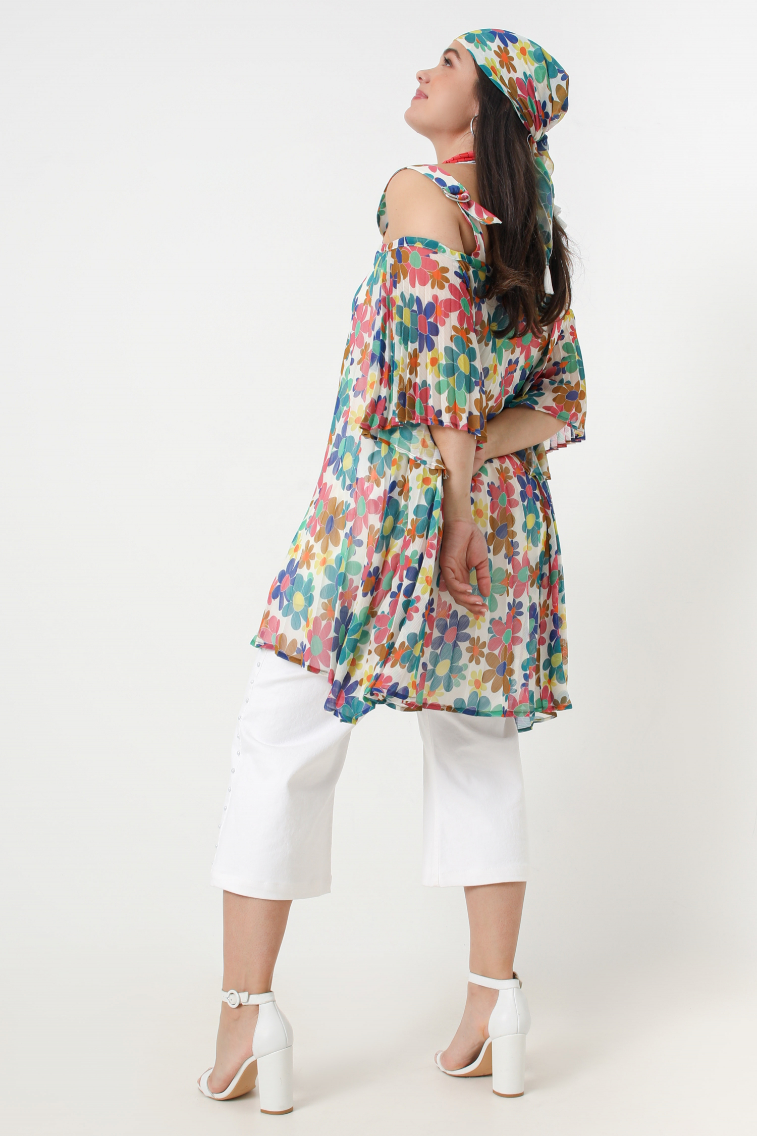 Pleated tunic with straps in printed voile (Shipping May 25/30)