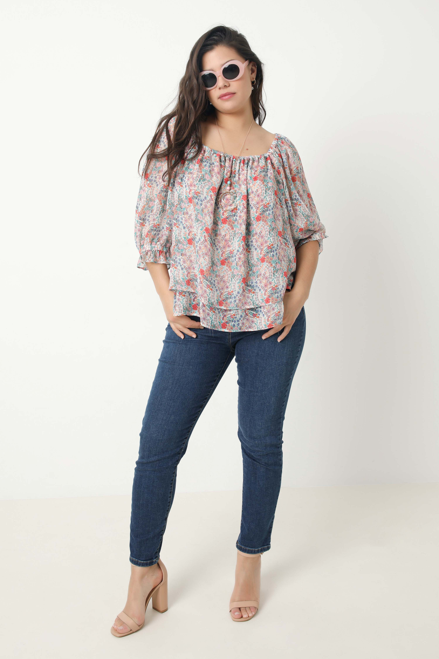 Printed voile blouse with fancy necklace