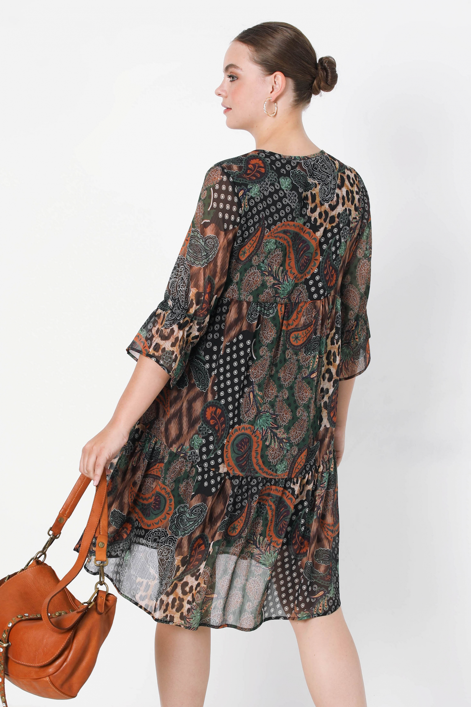 Mid-length bohemian-style dress in eco-responsible printed voile