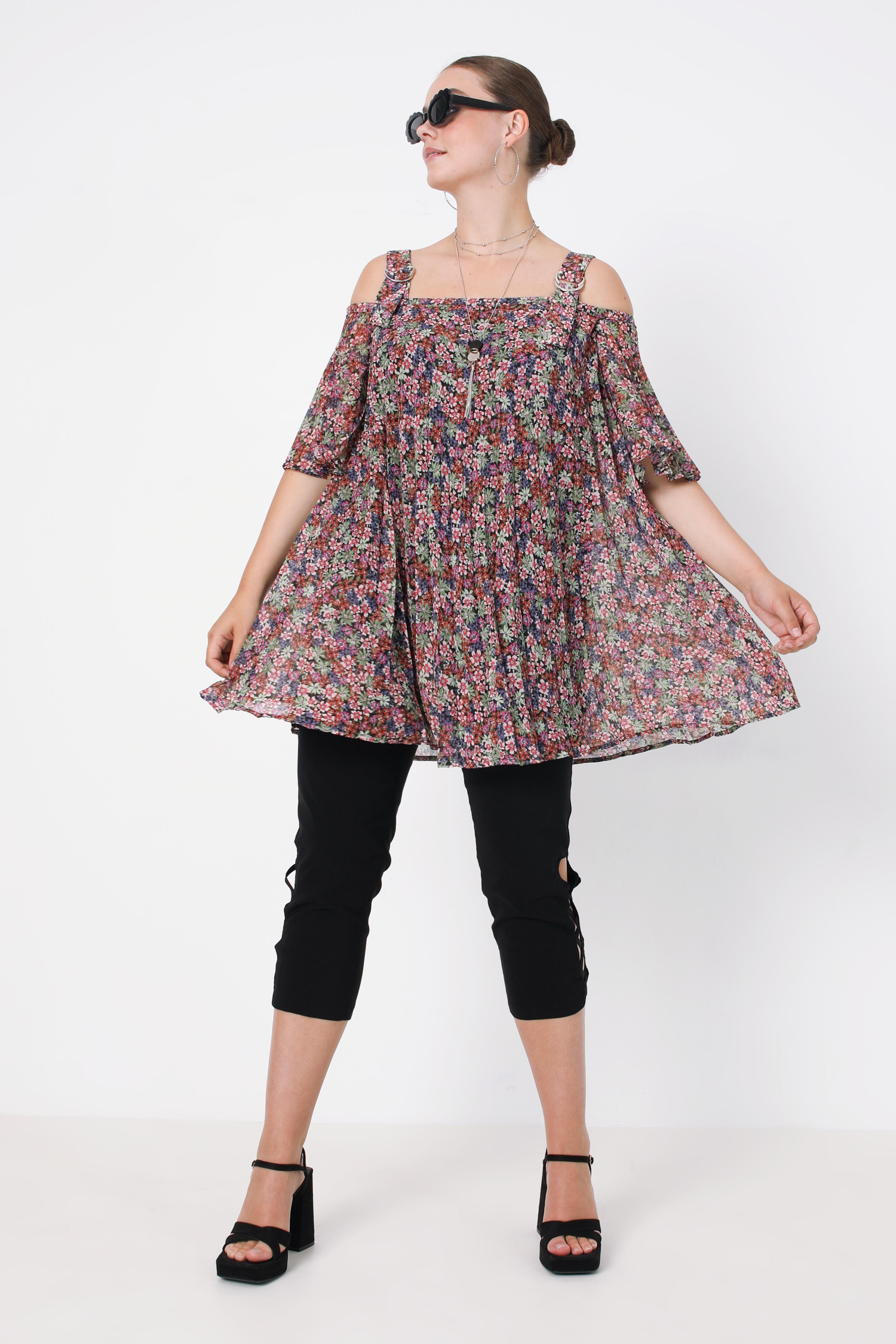 Pleated tunic with straps in printed voile (Shipping May 25/30)