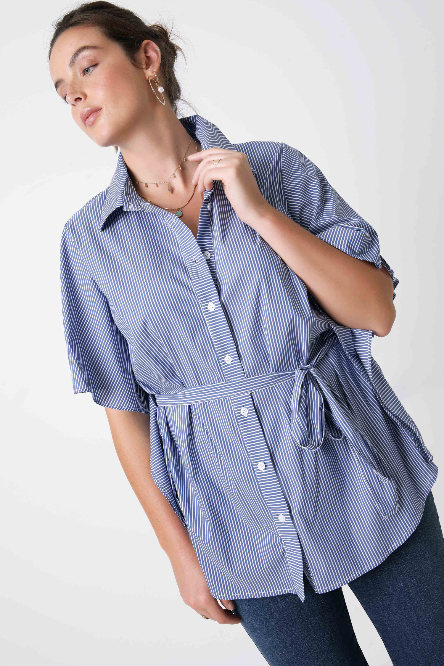 Striped shirt with kimono effect