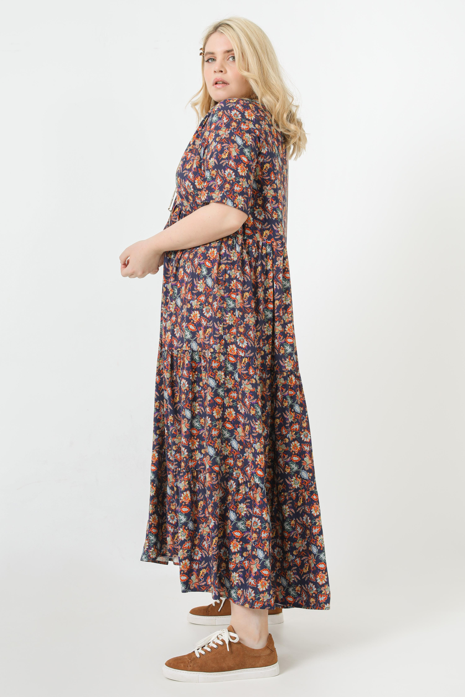 Long printed fibranne dress