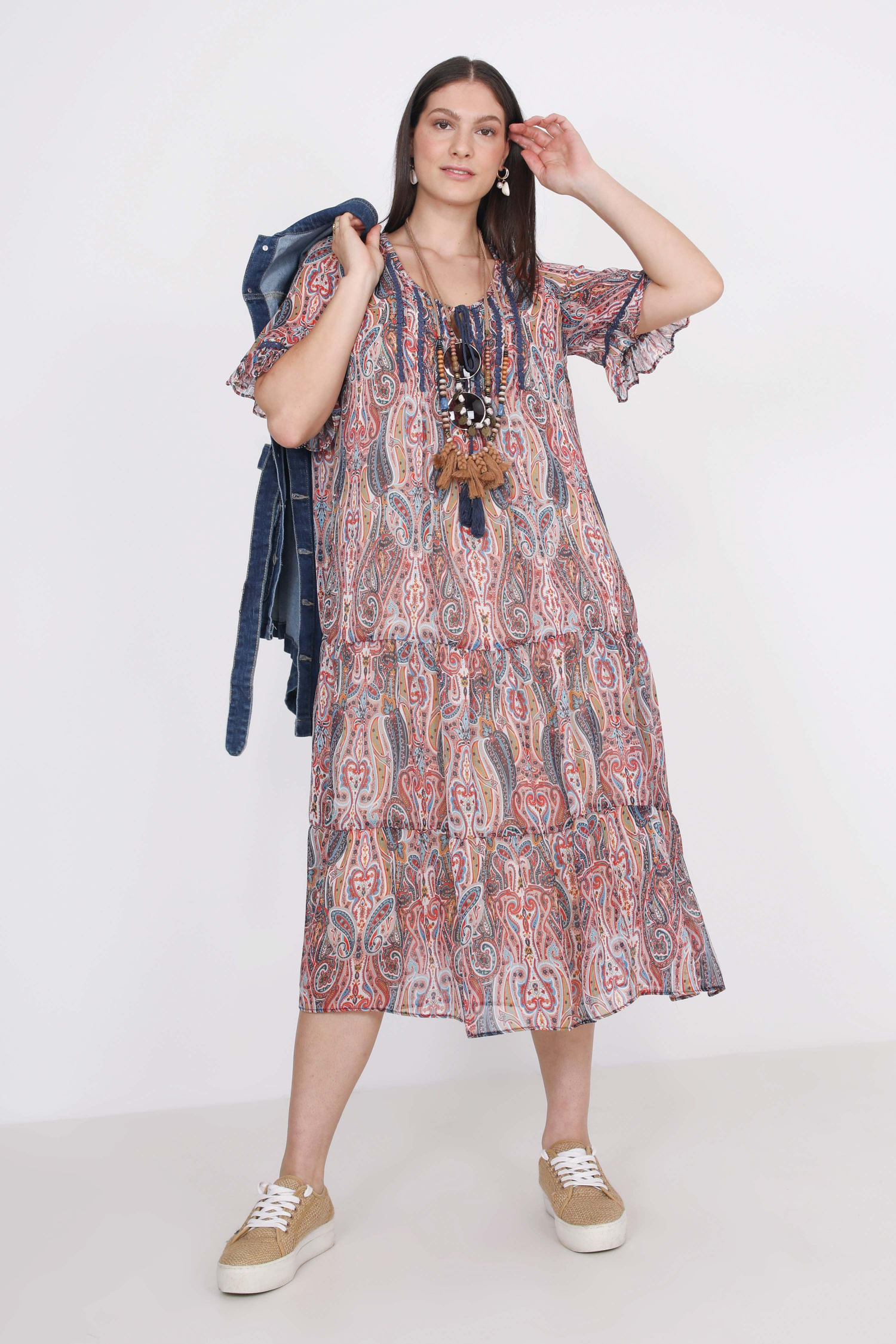 Mid-length dress in printed voile
